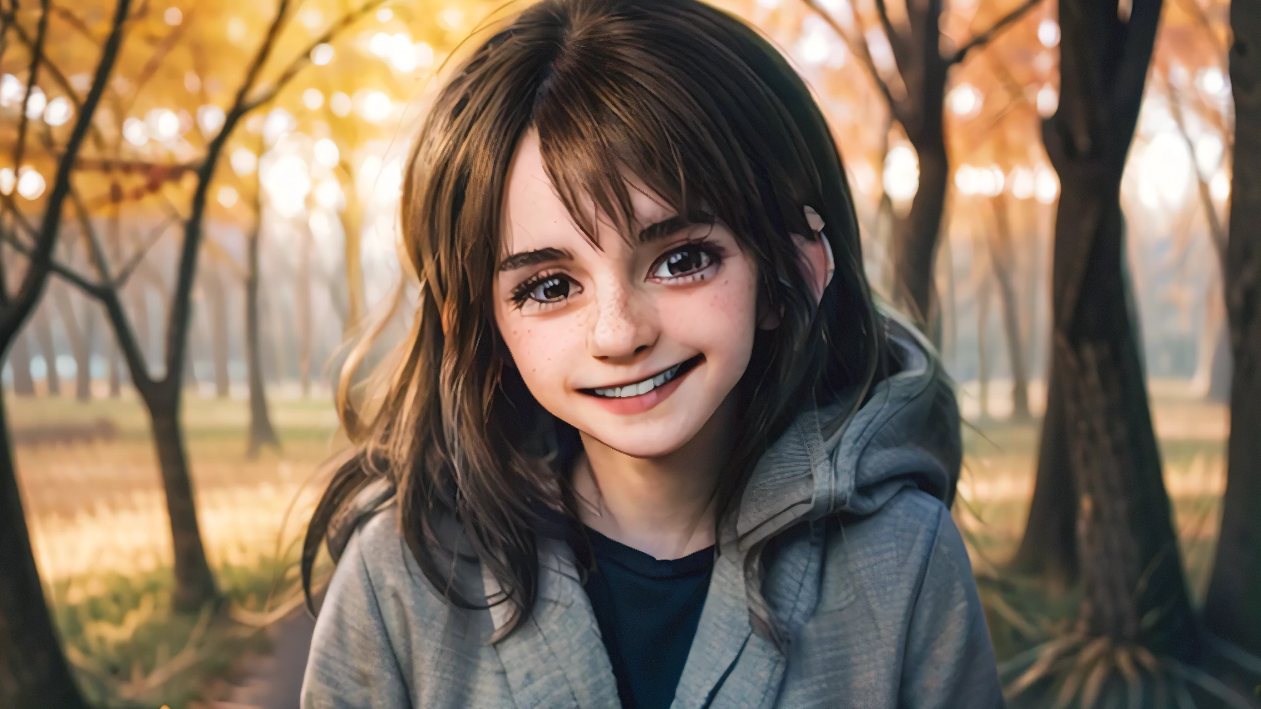 A girl in a dark bordeaux hoodie, on a dark forest path in the late evening, facing the viewer, smiling, waving one hand greeting the viewer, cute, small, , brown hair, emwts, ponytail, short grey socks, brown trecking boots, full body, flat_chest