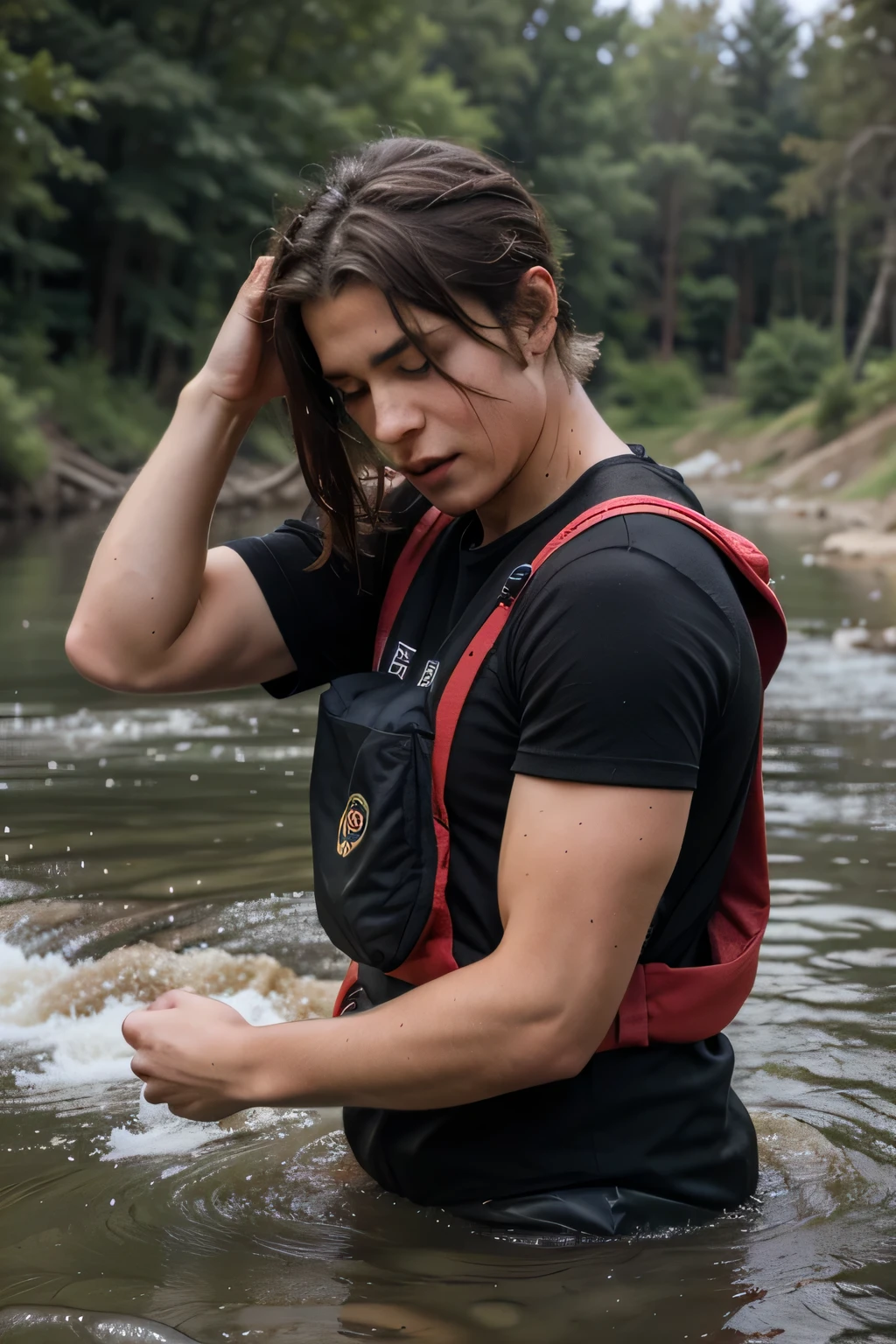 Two sweating muscular European teenage boy scouts hiding on a river in the forest