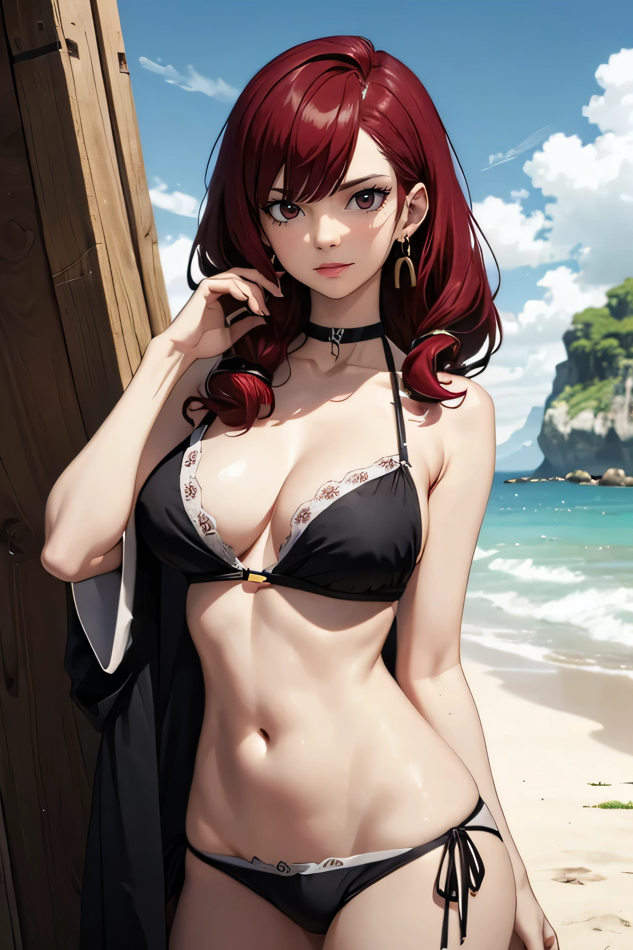 absurdres, high res, ultrasharp, 8K, {masterpiece}, expressive eyes, extremely detailed, best quality, perfect face, perfect eyes, irenedef, irenernd, red hair, brown eyes, large breasts, earrings, pleased, beach, bikini, contrapposto.