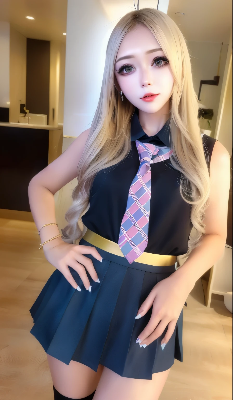 blonde、checked skirt、white Y-shirt、gal、mini skirt、bright hair color、bronze hair、sexy uniform、blonde、high school girl、thin legs、beautiful eyelashes、High resolutionの顔、zoom out、20-year-old、Angle of view up to knee depth、highest quality, figure, Super detailed, small details, High resolution, 8K Dende Wallpaper, detailed and beautiful eyes, random cute hairstyle, C cup breasts, natural color lip