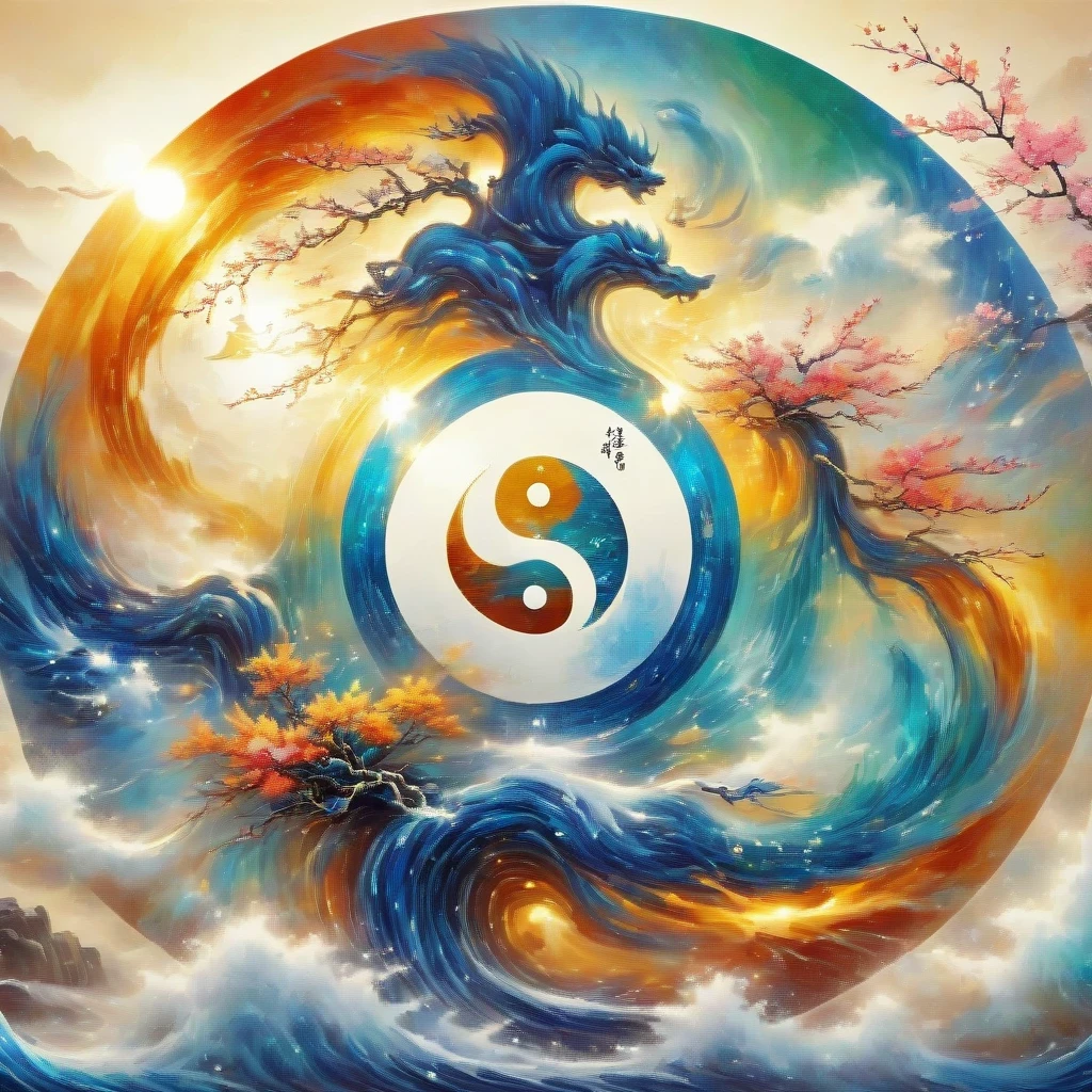 acrylic painting style,Tai Chi Yin Yang Bagua Diagram,magic circle,best quality,4k,8k,high resolution,masterpiece:1.2,super detailed,actual,acrylic style,Tai Chi, yin yang, Gossip,3d rendering,Female Taoist practicing yoga,Light and shadow photography,
