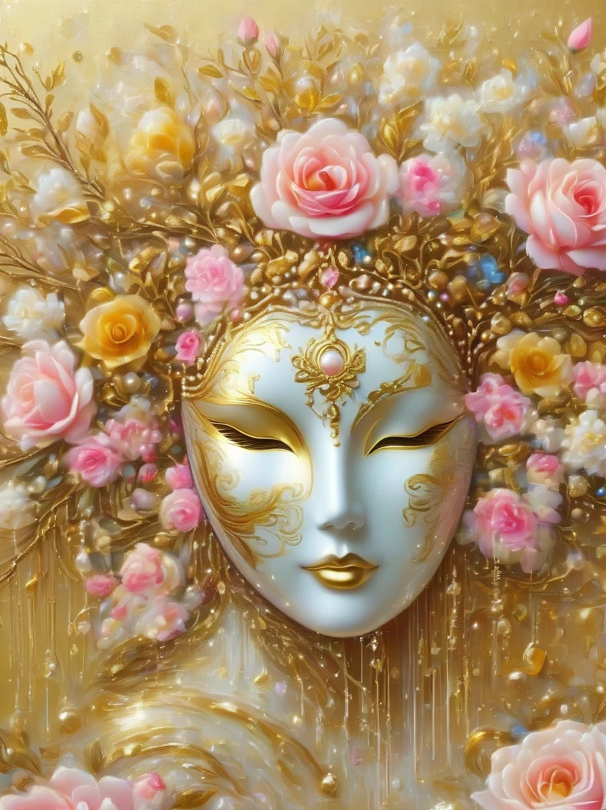 (best quality,4k,masterpiece:1.2),super detailed,lifelike:1.37,beautiful symmetrical mask,Apply with thick brush strokes and wet paint, Proportions of gold, melted wax |, visible strokes, Rose mask,White mask surrounded by roses, surrounded by crystal ball, Mosaic wireframe 3d, neuroimaging, Neurons, The Tree of Life, rape, like, enthusiasm, oil painting on canvas, thick strokes, Very detailed, 8K Ultra HD, masterpiece, art station, surreal