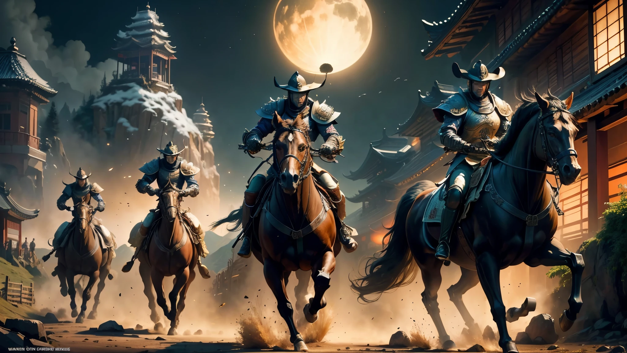 good quality, ultra high resolution,masterpiece, (reality,detail,close up)In ancient China,at night,A group of armored warriors riding horses,in the valley,run