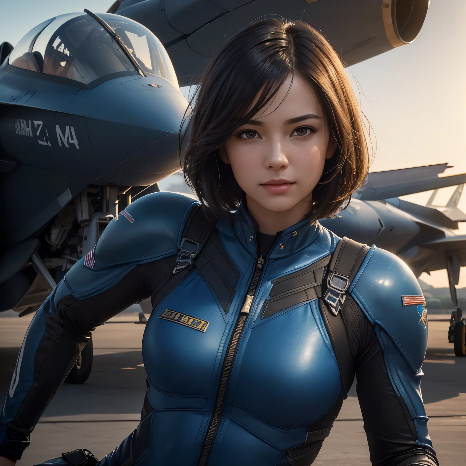 (a beautiful girl:1.1,subtle smile:1.1,sexy bobcut hairdress:1.1,perfect body:1.1,blue sunglasses:1.1,US fighter suit:airforce suit,boots,fighter jet hangar,airforce base),(best quality:1.2,4k,8k,highres,masterpiece:1.2),ultra-detailed,(realistic,photorealistic,photo-realistic:1.37),HDR,UHD,studio lighting,ultra-fine painting,sharp focus,physically-based rendering,extreme detail description,professional,vivid colors,bokeh,portraits,landscape,aviation photography,concept artists,warm tone,subtle lighting