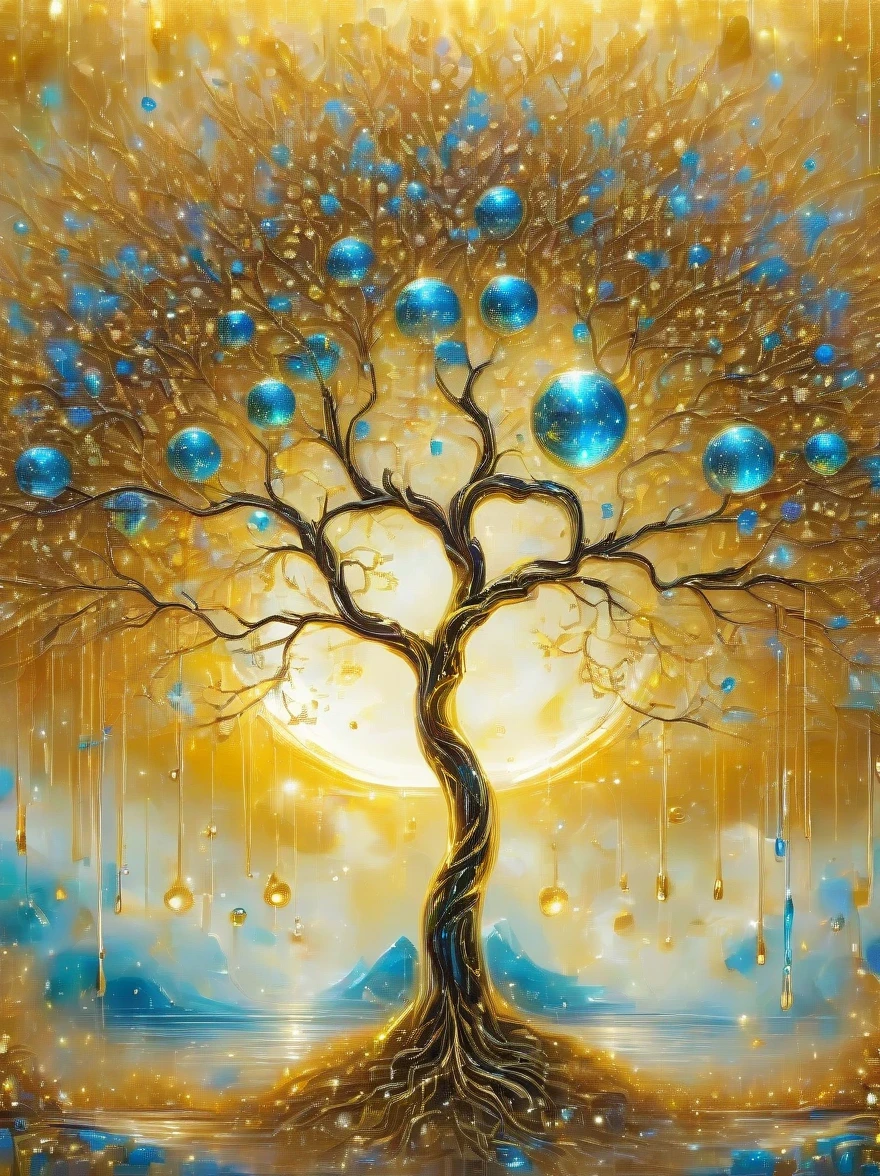 （best quality，4k，masterpiece：1.2），super detailed，lifelike:1.37，beautiful symmetrical photos，Apply with thick brush strokes and wet paint, Proportions of gold, melted wax |, visible strokes, surrounded by crystal ball, Mosaic wireframe 3d, neuroimaging, Neurons, The Tree of Life, rape, like, enthusiasm, oil painting on canvas, thick strokes, Very detailed, 8K Ultra HD, masterpiece, art station, surreal