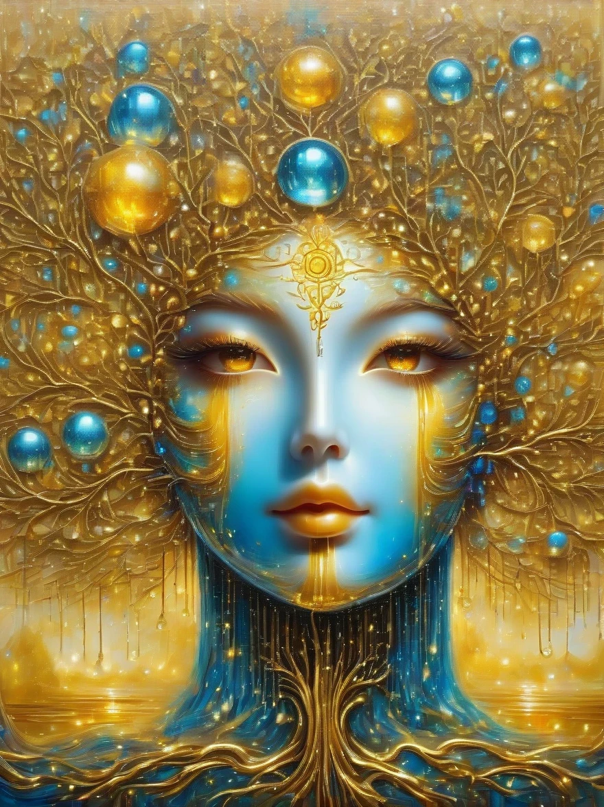 (best quality,4k,masterpiece:1.2),super detailed,lifelike:1.37,beautiful symmetrical photos,Apply with thick brush strokes and wet paint, Proportions of gold, melted wax |, visible strokes, surrounded by crystal ball, Mosaic wireframe 3d, neuroimaging, Neurons, The Tree of Life, rape, like, enthusiasm, oil painting on canvas, thick strokes, Very detailed, 8K Ultra HD, masterpiece, art station, surreal