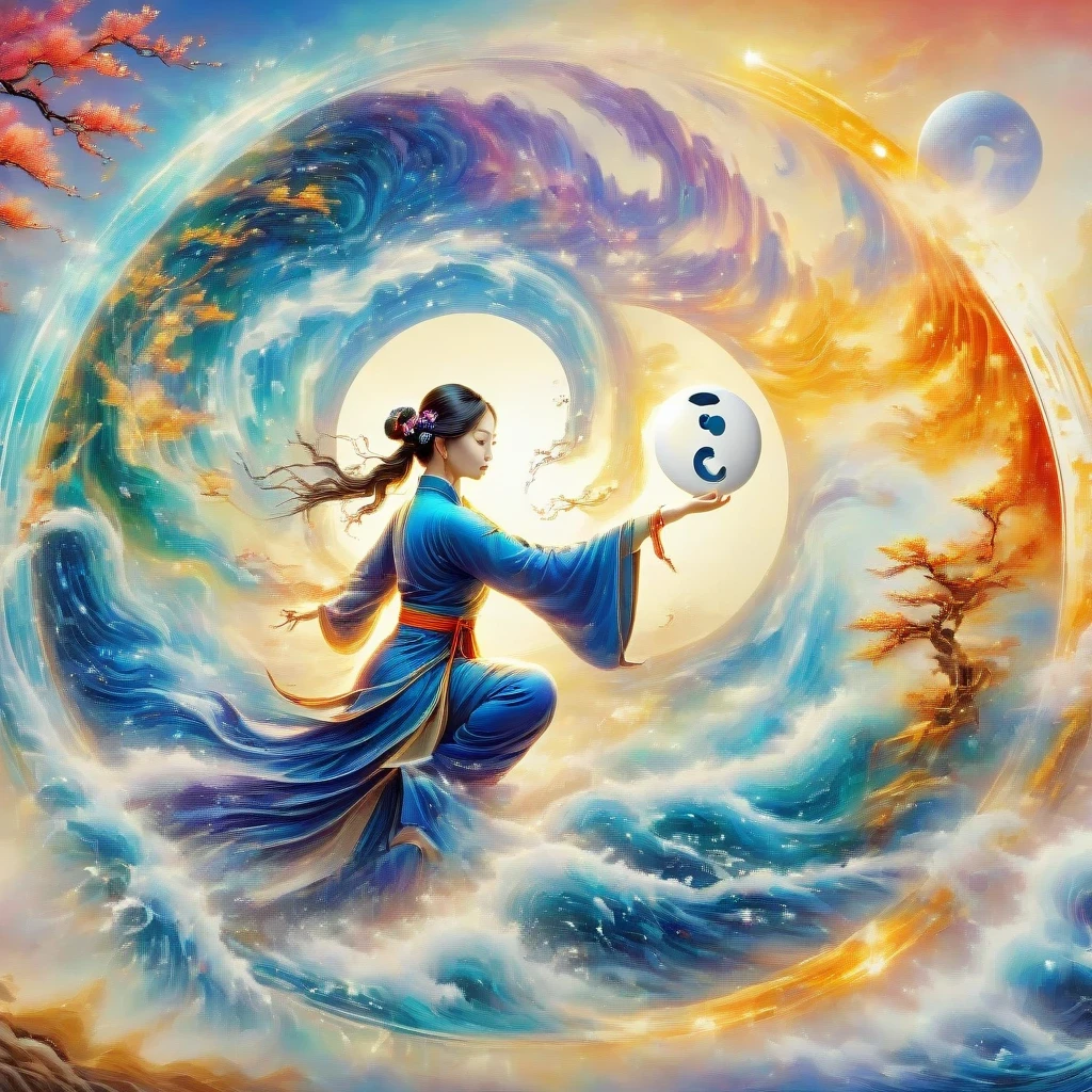 acrylic painting style,Tai Chi Yin Yang Bagua Diagram,magic circle,best quality,4k,8k,high resolution,masterpiece:1.2,super detailed,actual,acrylic style,Tai Chi, yin yang, Gossip,3d rendering,Female Taoist practicing yoga,Light and shadow photography,