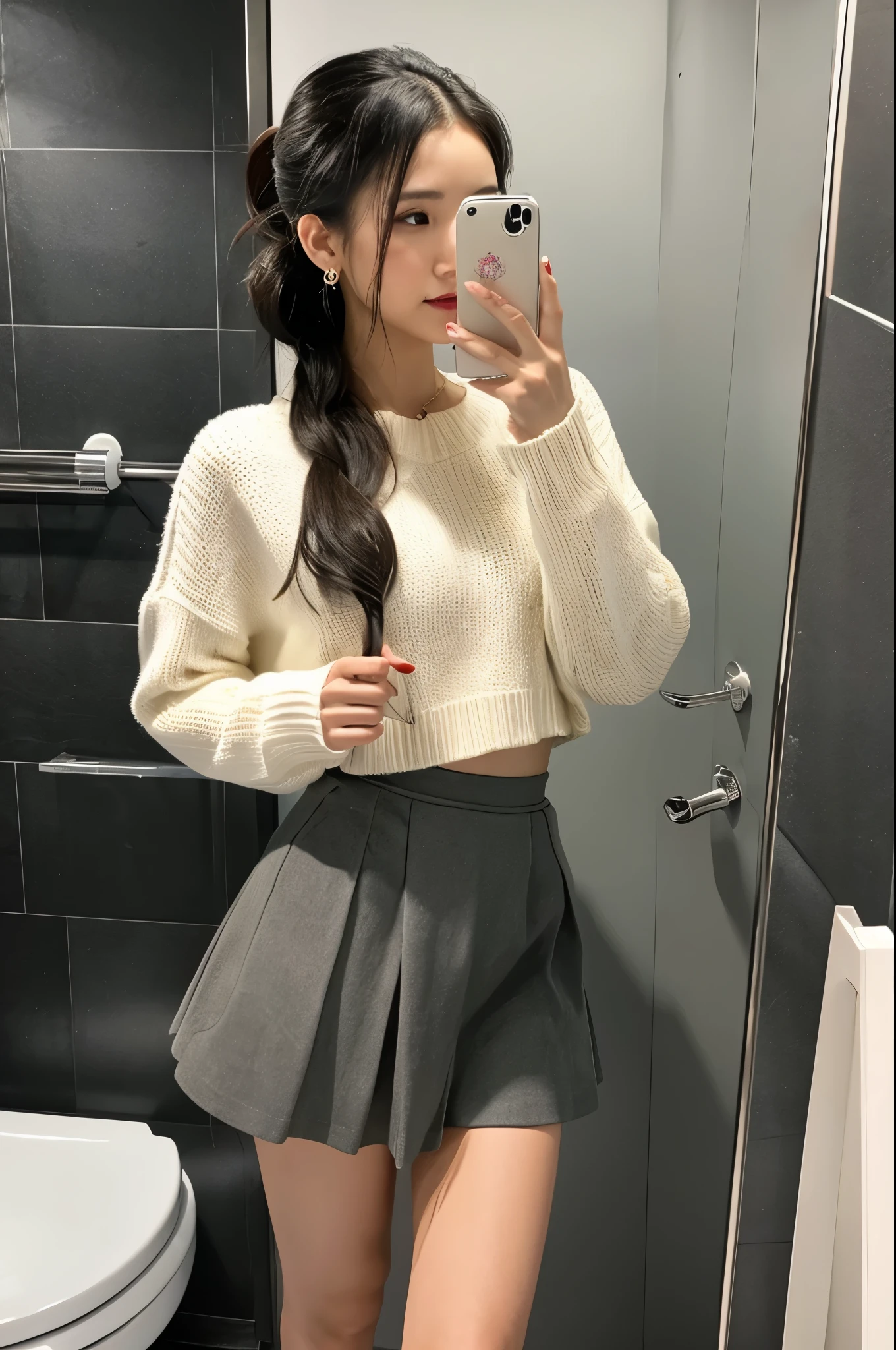 Photo of a dirty attractive woman in a bathroom posted on Snapchat, black skirt, white sweater, short ponytail, perfect figure, photographed with iPhone, reflection of herself in a mirror