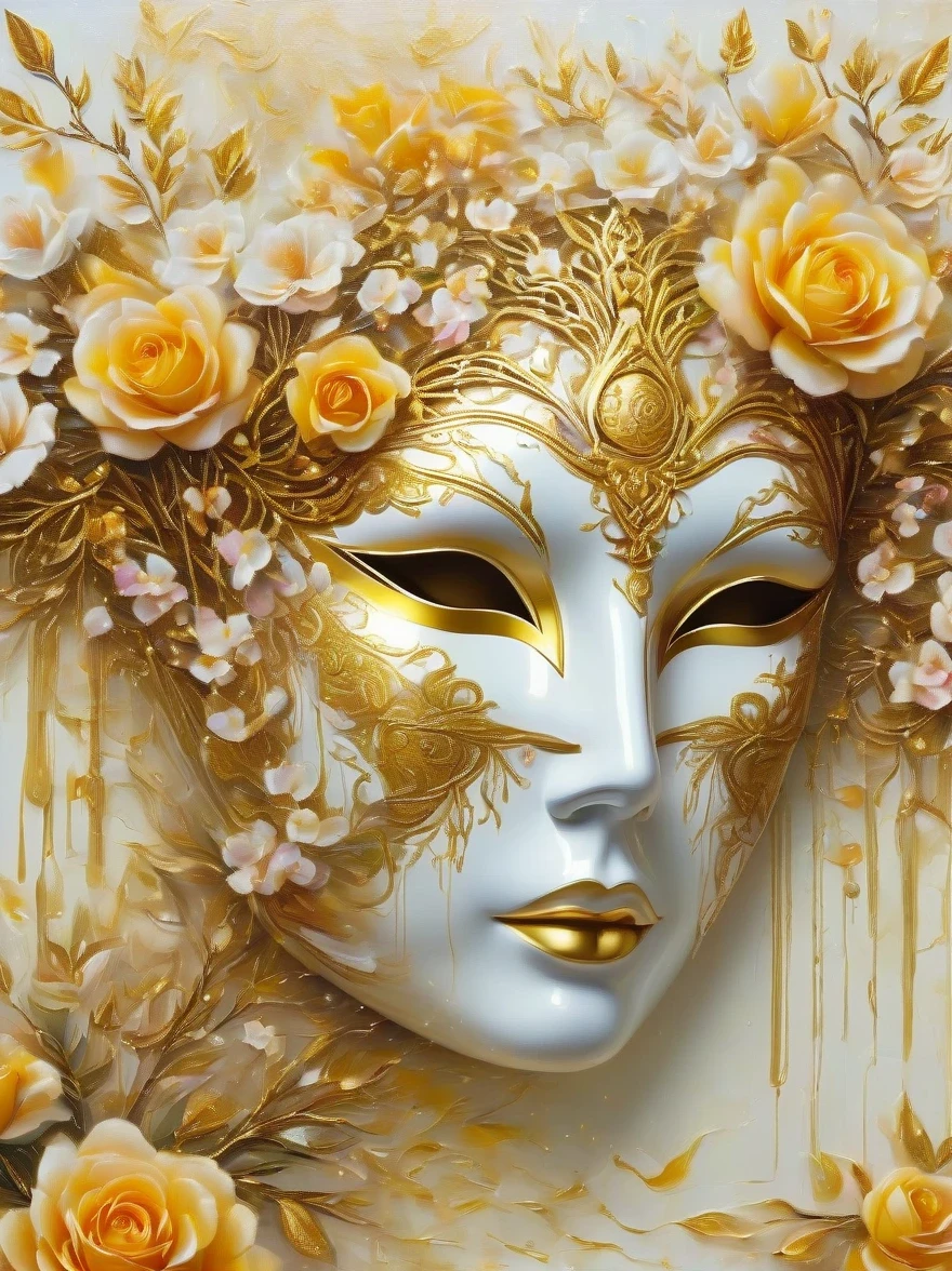 （best quality，4k，masterpiece：1.2），super detailed，lifelike:1.37，beautiful symmetrical mask，Apply with thick brush strokes and wet paint, Proportions of gold, melted wax |, visible strokes, Rose mask，White mask surrounded by roses, Mosaic wireframe 3d, neuroimaging, Neurons, The Tree of Life, rape, like, enthusiasm, oil painting on canvas, thick strokes, Very detailed, 8K Ultra HD, masterpiece, art station, surreal