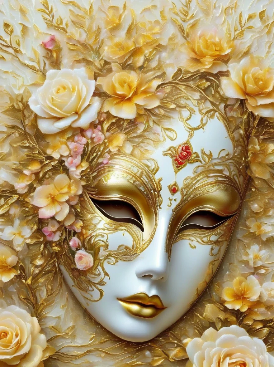 （best quality，4k，masterpiece：1.2），super detailed，lifelike:1.37，beautiful symmetrical mask，Apply with thick brush strokes and wet paint, Proportions of gold, melted wax |, visible strokes, Rose mask，White mask surrounded by roses, Mosaic wireframe 3d, neuroimaging, Neurons, The Tree of Life, rape, like, enthusiasm, oil painting on canvas, thick strokes, Very detailed, 8K Ultra HD, masterpiece, art station, surreal