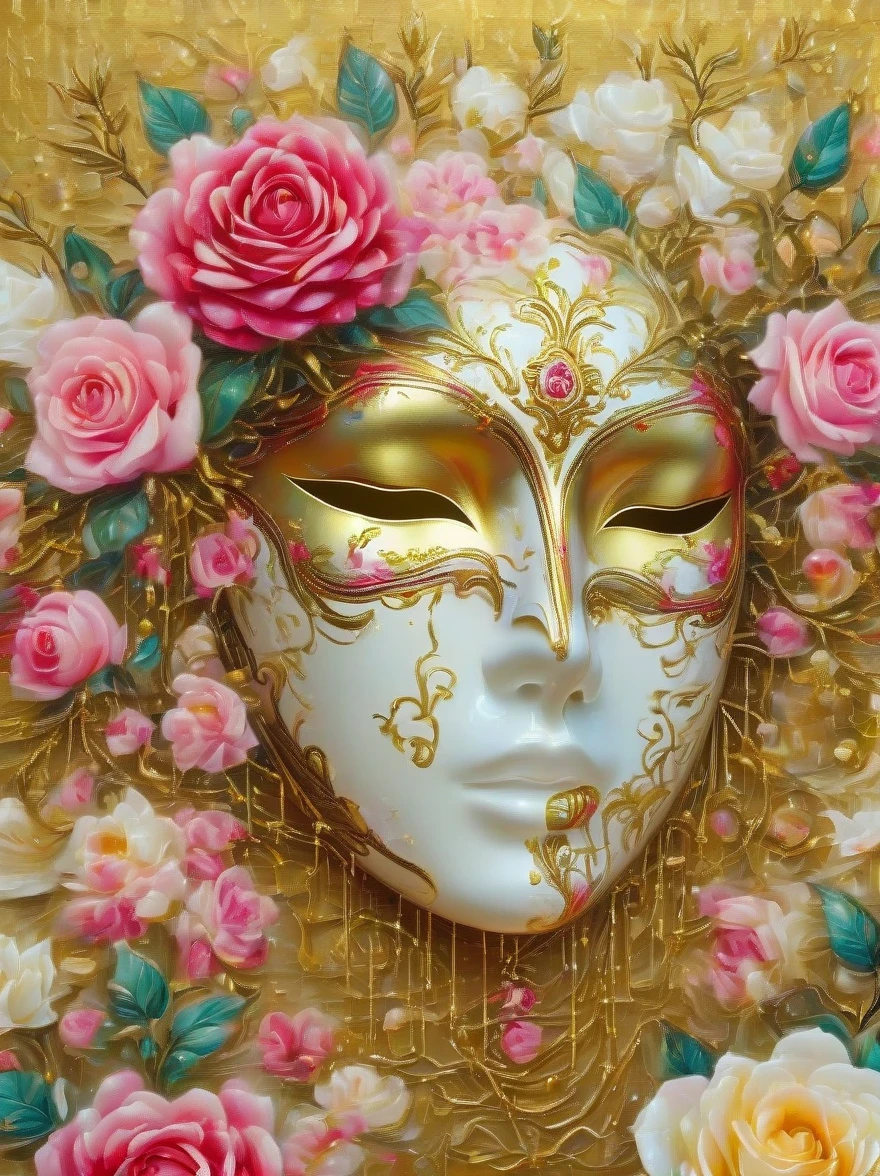 （best quality，4k，masterpiece：1.2），super detailed，lifelike:1.37，beautiful symmetrical mask，Apply with thick brush strokes and wet paint, Proportions of gold, melted wax |, visible strokes, Rose mask，White mask surrounded by roses, Mosaic wireframe 3d, neuroimaging, Neurons, The Tree of Life, rape, like, enthusiasm, oil painting on canvas, thick strokes, Very detailed, 8K Ultra HD, masterpiece, art station, surreal