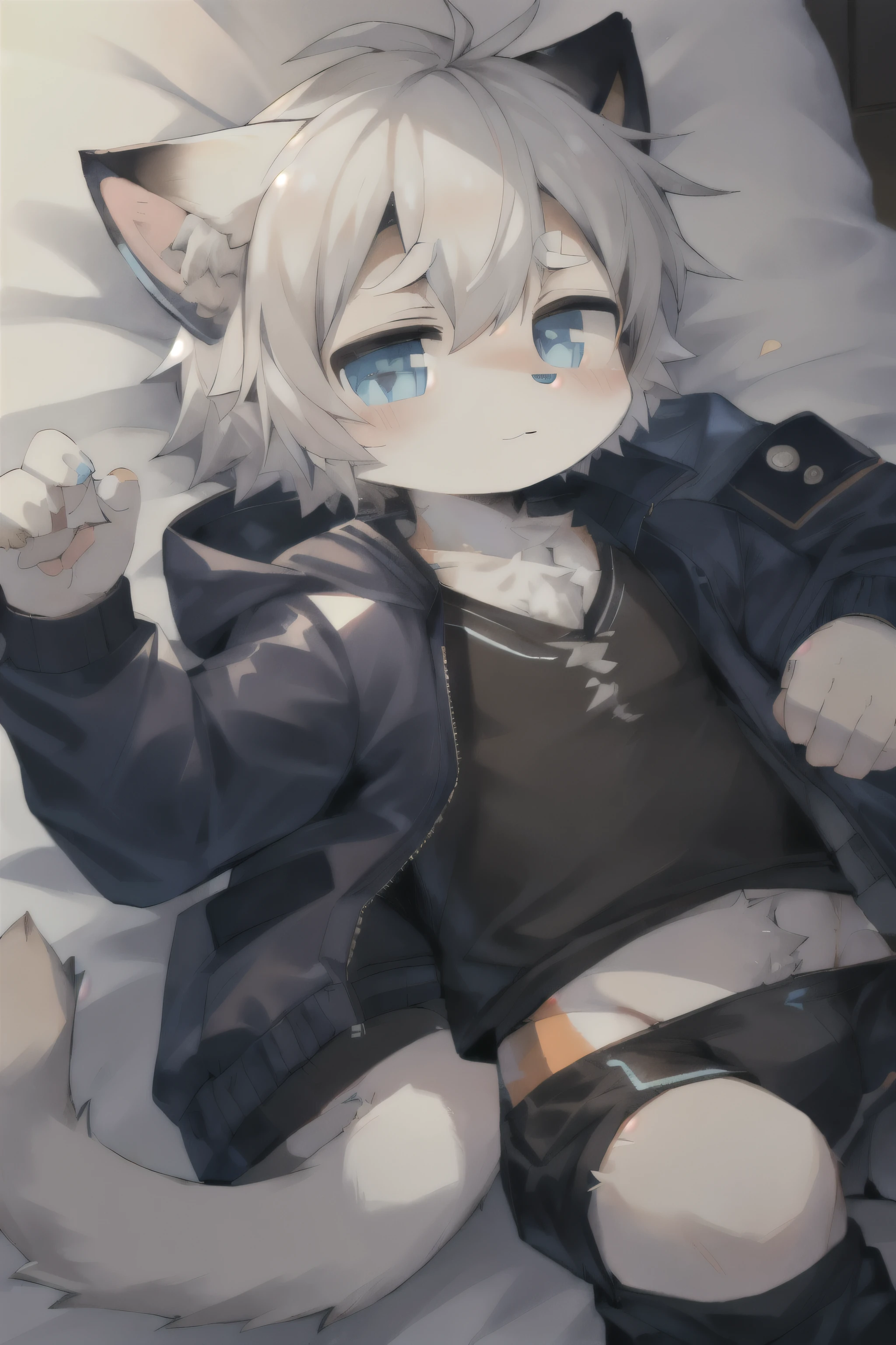 hairy,cat person,Shota,down jacket,blue eyes,white hair,Lovely