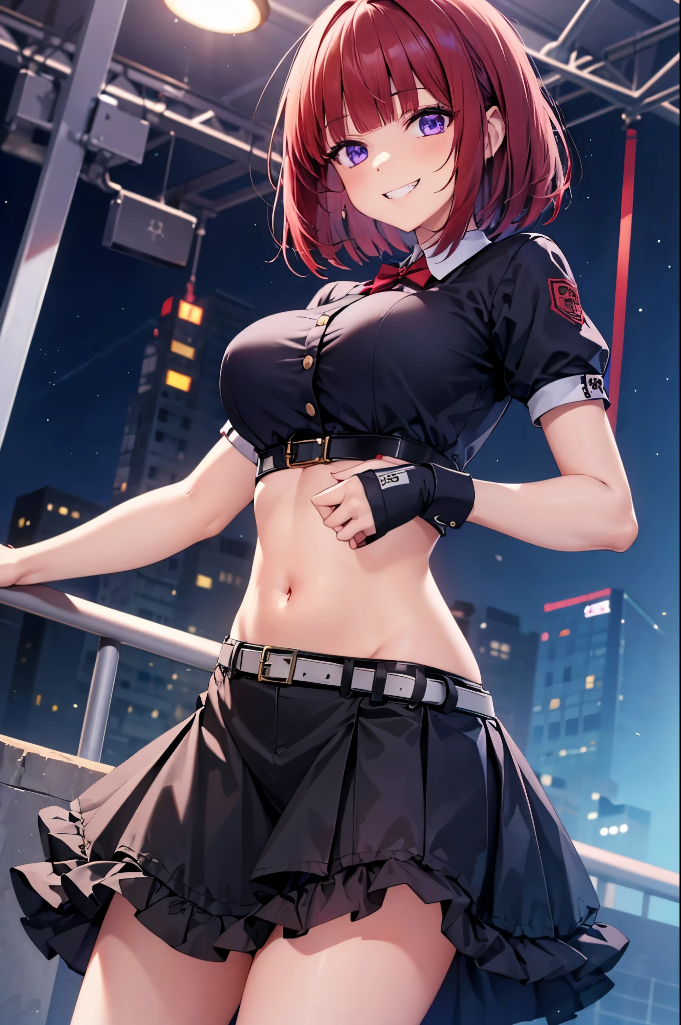 1 girl, alone,Red hair, sharp face,purple eyes, blunt bangs, big breasts, bob cut,head shot, grin, cute eyes, idol, curly hair