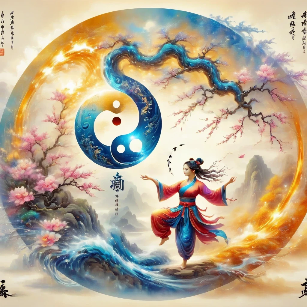 acrylic painting style,Tai Chi Yin Yang Bagua Diagram,magic circle,best quality,4k,8k,high resolution,masterpiece:1.2,super detailed,actual,acrylic style,Tai Chi, yin yang, Gossip,3d rendering,Female Taoist practicing yoga,Light and shadow photography,