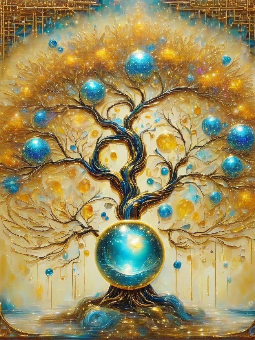 (best quality,4k,masterpiece:1.2),super detailed,lifelike:1.37,beautiful symmetrical photos,Apply with thick brush strokes and wet paint, Proportions of gold, melted wax |, visible strokes, surrounded by crystal ball, Mosaic wireframe 3d, neuroimaging, Neurons, The Tree of Life, rape, like, enthusiasm, oil painting on canvas, thick strokes, Very detailed, 8K Ultra HD, masterpiece, art station, surreal