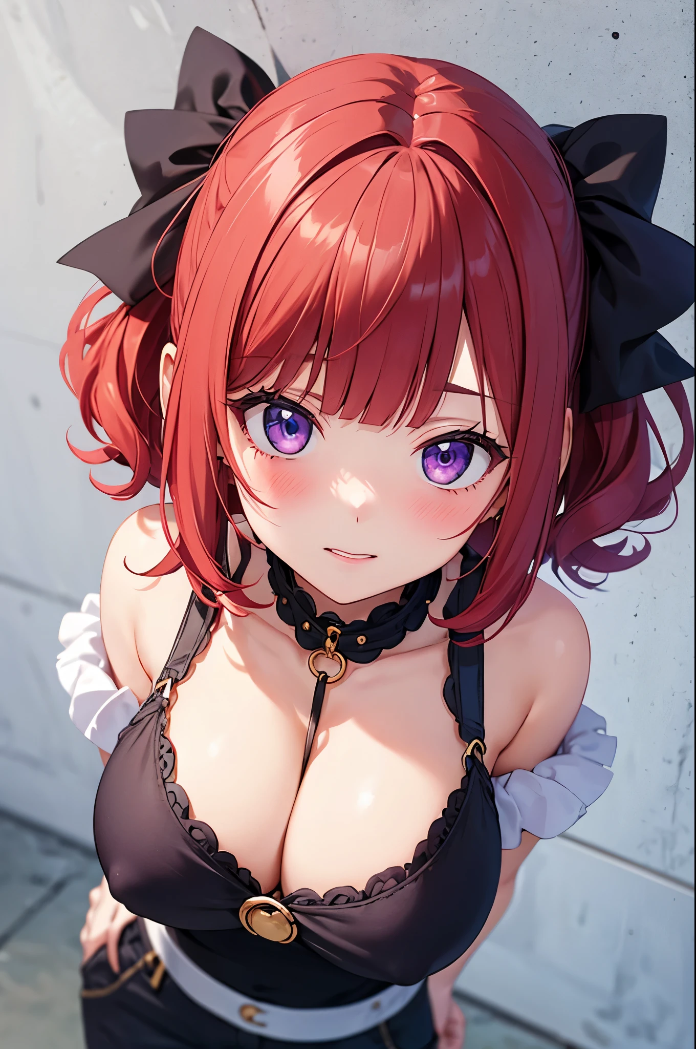 1 girl, alone,Red hair, sharp face,purple eyes, blunt bangs, big breasts, bob cut,head shot, shoot from above, bashful, cute eyes, idol, curly hair