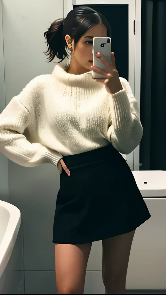 Photo of a dirty attractive woman in a bathroom posted on Snapchat, black skirt, white sweater, short ponytail, perfect figure, photographed with iPhone, reflection of herself in a mirror