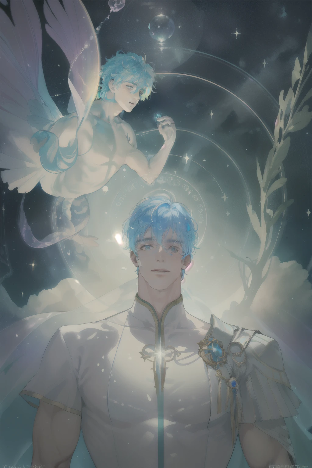 masterpiece, best quality, 1 male, adult, mature, tall muscular guy, Dark theme, Magic circle, bubble, rainbow Sunlight, Underwater, Reflected mirror, floating piece of Glass, Rainbow light, Bubble Swirling, wind Swirling, Aurora, fantasy scenery, Starlight around the character, (upper body)