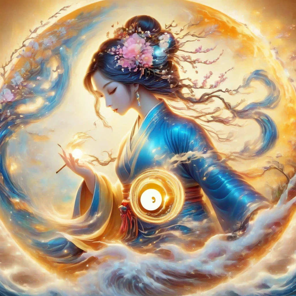 acrylic painting style,Tai Chi Yin Yang Bagua Diagram,magic circle,best quality,4k,8k,high resolution,masterpiece:1.2,super detailed,actual,acrylic style,Tai Chi, yin yang, Gossip,3d rendering,Female Taoist practicing yoga,Light and shadow photography,