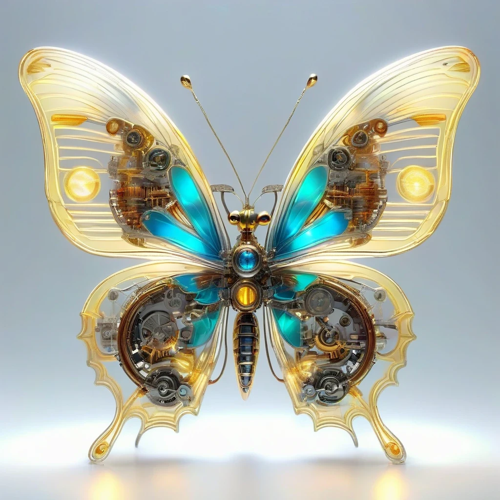 symmetry，whole body, solid light grey background, The combination of biology and machinery, Transparent mechanical butterfly, The internal structure is complex and precise, glowing neon lights,(high detail, masterpiece, best quality, ultra high definition, Sharpen details)