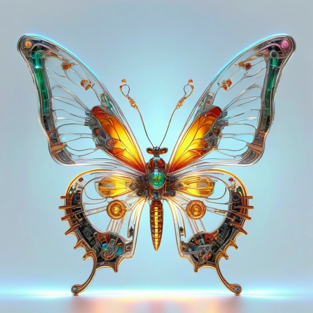 symmetry,whole body, solid light grey background, The combination of biology and machinery, Transparent mechanical butterfly, The internal structure is complex and precise, glowing neon lights,(high detail, masterpiece, best quality, ultra high definition, Sharpen details)