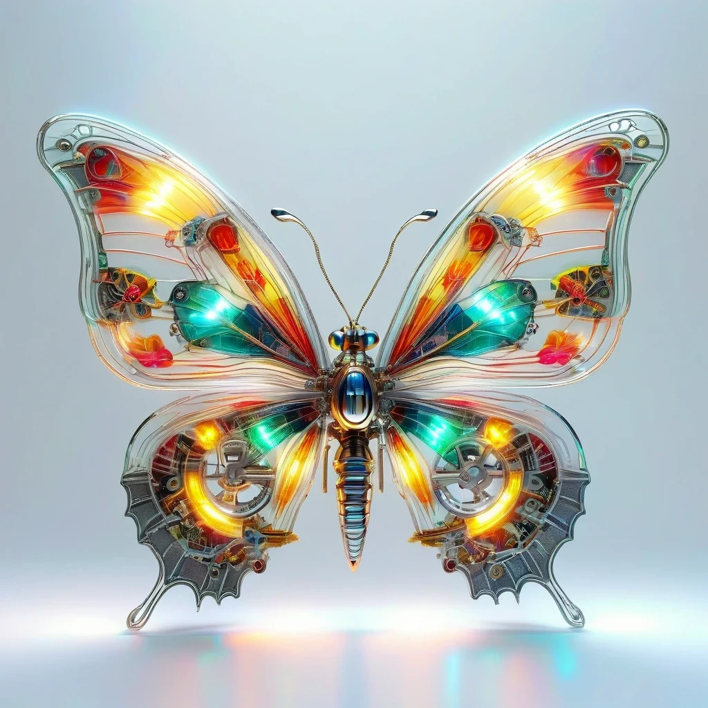 symmetry,whole body, solid light grey background, The combination of biology and machinery, Transparent mechanical butterfly, The internal structure is complex and precise, glowing neon lights,(high detail, masterpiece, best quality, ultra high definition, Sharpen details)