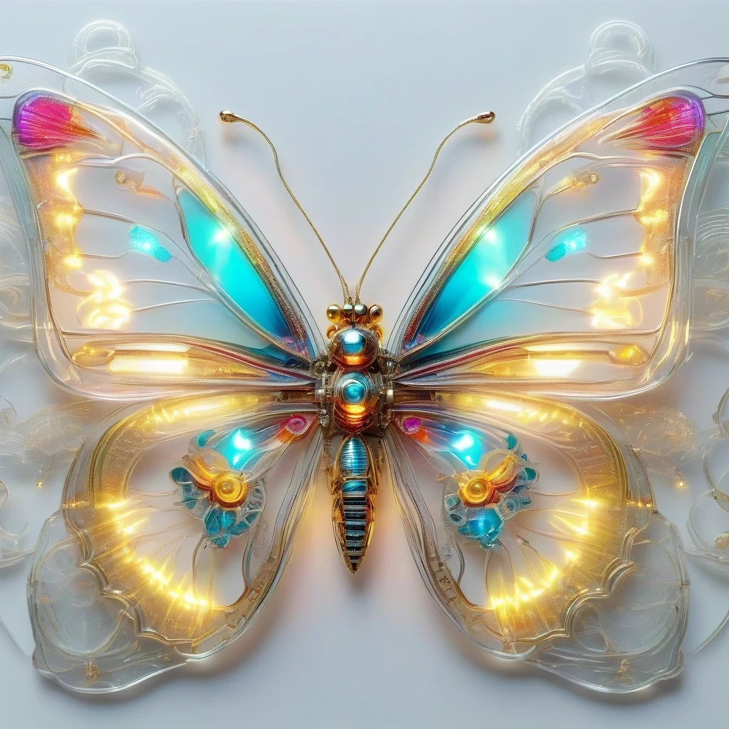symmetry,whole body, solid light grey background, The combination of biology and machinery, Transparent mechanical butterfly, The internal structure is complex and precise, glowing neon lights,(high detail, masterpiece, best quality, ultra high definition, Sharpen details)
