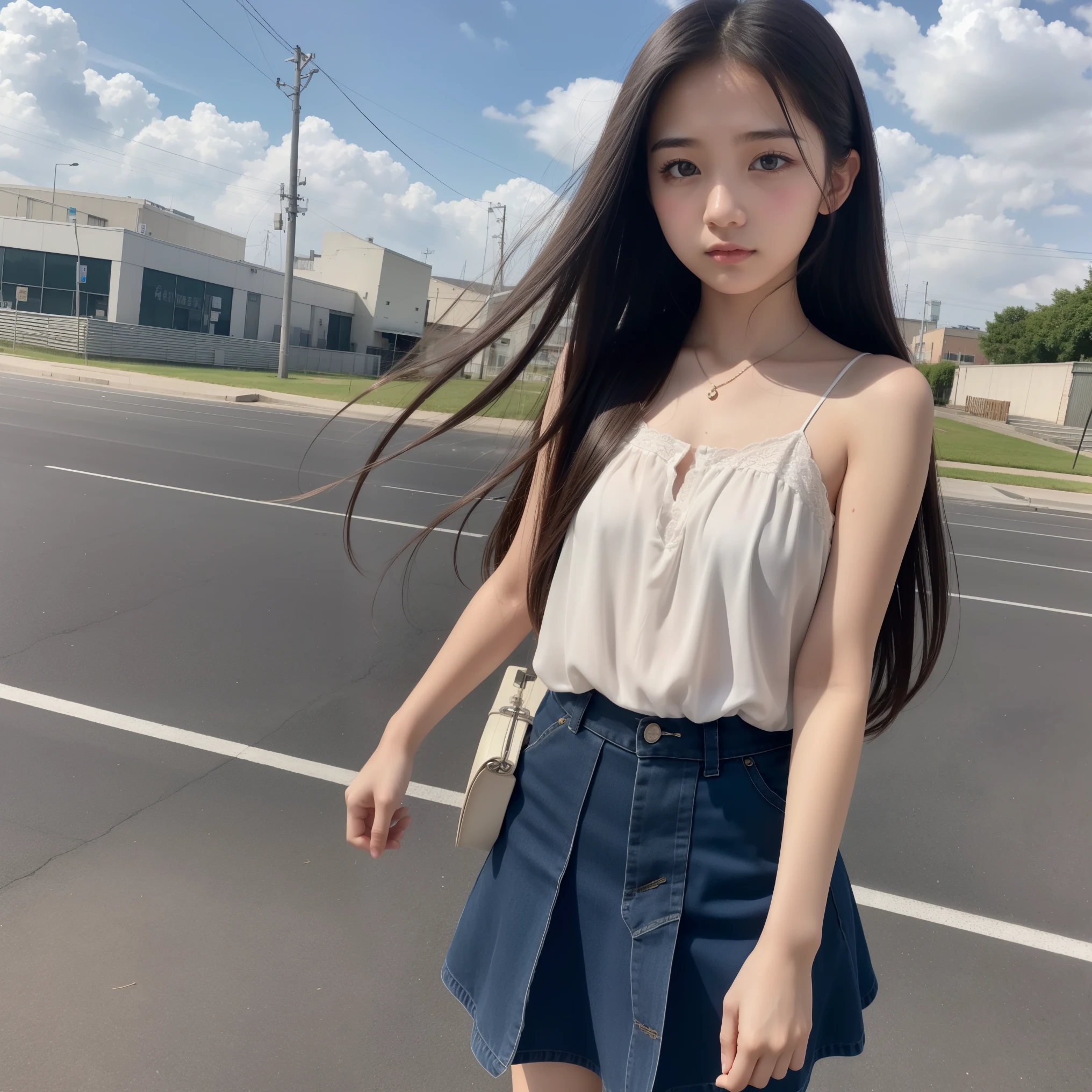 beautiful images、beautiful images、near sky、shooting start or herd、age girl、black eye、hair length、look up at the sky、Japanese、high school girl、camisole、Fluttering mini skirt、
