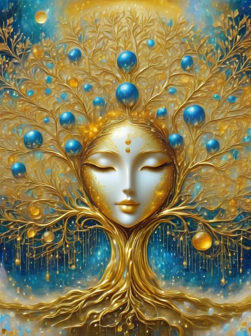 （best quality，4k，masterpiece：1.2），super detailed，lifelike:1.37，beautiful symmetrical photos，Apply with thick brush strokes and wet paint, Proportions of gold, melted wax |, visible strokes, surrounded by crystal ball, Mosaic wireframe 3d, neuroimaging, Neurons, The Tree of Life, rape, like, enthusiasm, oil painting on canvas, thick strokes, Very detailed, 8K Ultra HD, masterpiece, art station, surreal