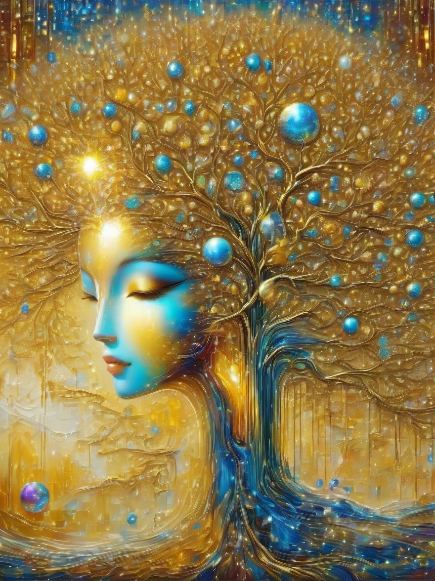 (best quality,4k,masterpiece:1.2),super detailed,lifelike:1.37,beautiful symmetrical photos,Apply with thick brush strokes and wet paint, Proportions of gold, melted wax |, visible strokes, surrounded by crystal ball, Mosaic wireframe 3d, neuroimaging, Neurons, The Tree of Life, rape, like, enthusiasm, oil painting on canvas, thick strokes, Very detailed, 8K Ultra HD, masterpiece, art station, surreal