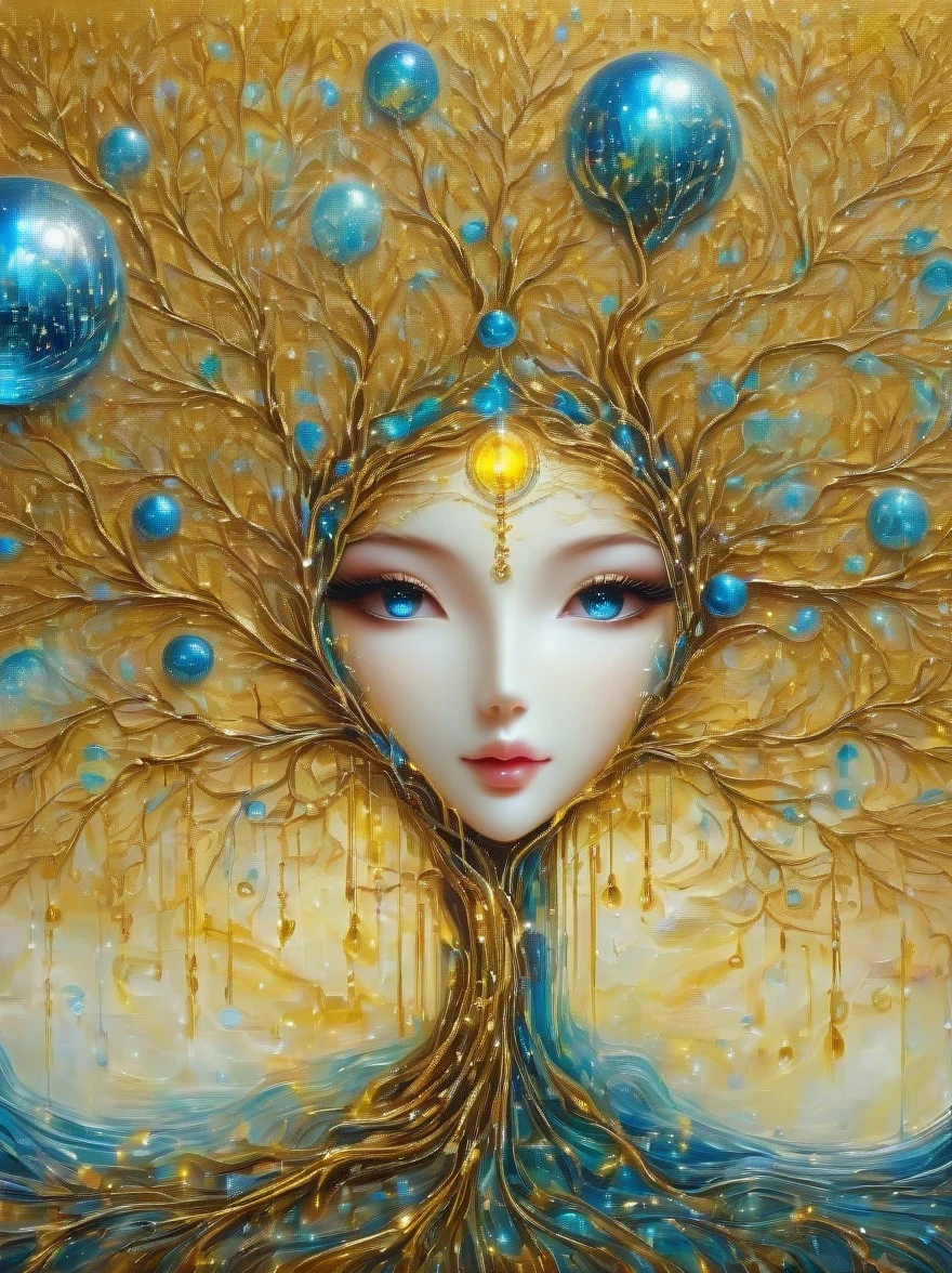 （best quality，4k，masterpiece：1.2），super detailed，lifelike:1.37，beautiful symmetrical photos，Apply with thick brush strokes and wet paint, Proportions of gold, melted wax |, visible strokes, surrounded by crystal ball, Mosaic wireframe 3d, neuroimaging, Neurons, The Tree of Life, rape, like, enthusiasm, oil painting on canvas, thick strokes, Very detailed, 8K Ultra HD, masterpiece, art station, surreal