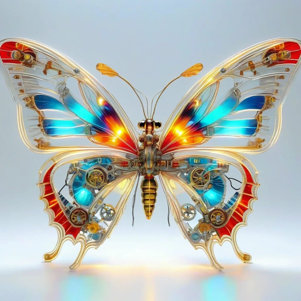 symmetry,whole body, solid light grey background, The combination of biology and machinery, Transparent mechanical butterfly, The internal structure is complex and precise, glowing neon lights,(high detail, masterpiece, best quality, ultra high definition, Sharpen details)