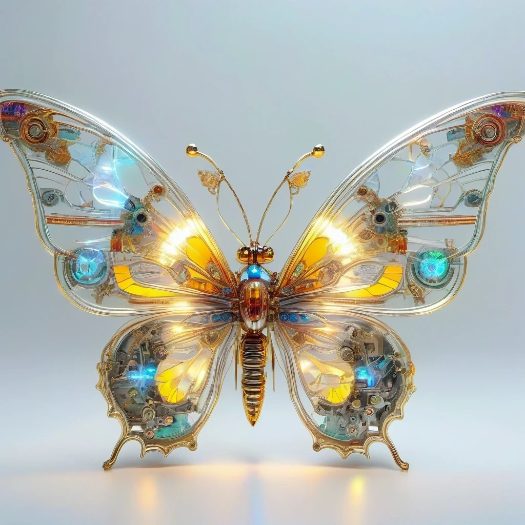 symmetry,whole body, solid light grey background, The combination of biology and machinery, Transparent mechanical butterfly, The internal structure is complex and precise, glowing neon lights,(high detail, masterpiece, best quality, ultra high definition, Sharpen details)