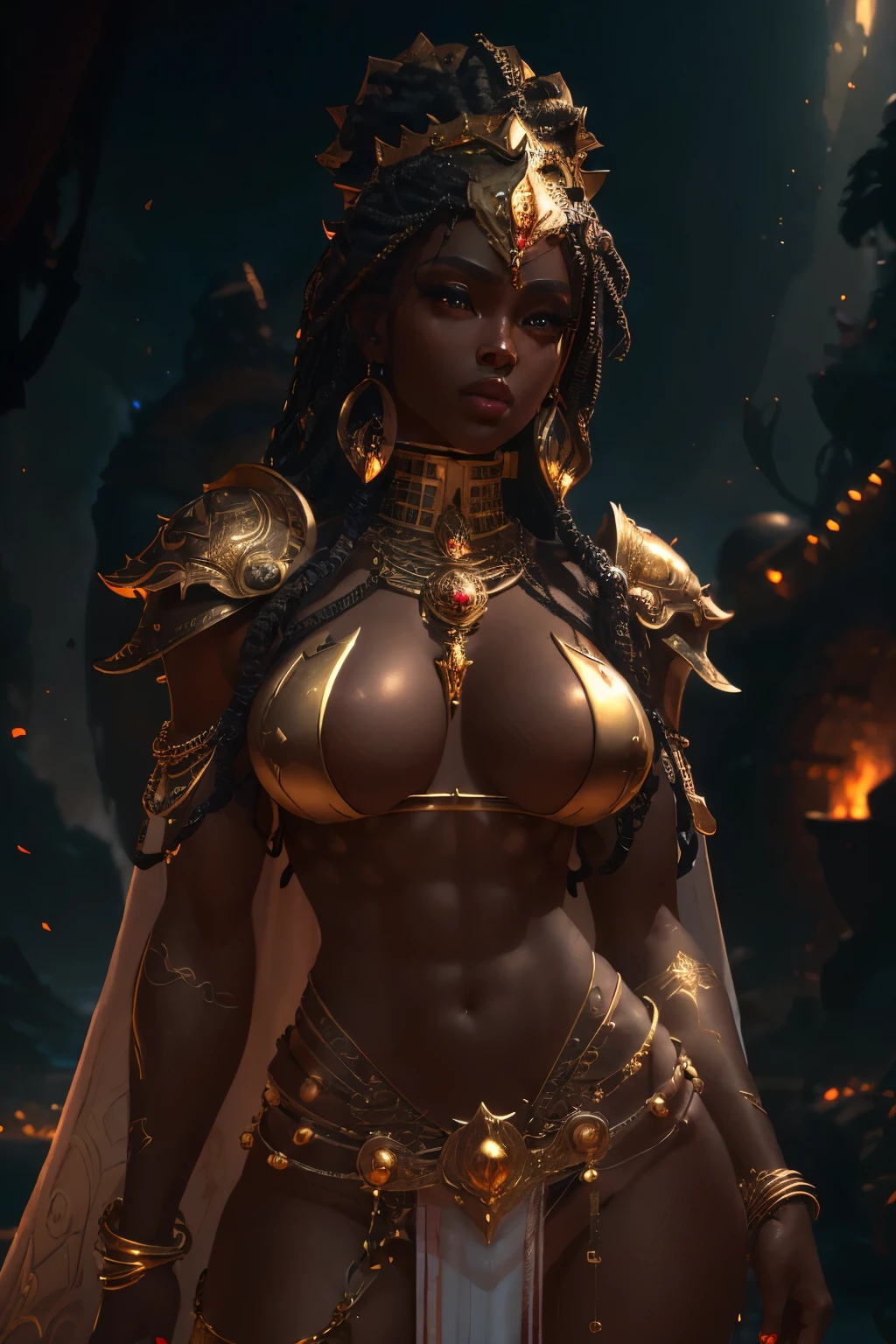 Beautiful Alluring fantasy african warrior, white curly hair, black skin, obsidian skin, Bare Skin, gold ornaments, armor bikini, chain bikini armor, Athletic Well Toned Body, Elegant Form, Bare Skin, at volcano, Barely Clothed, cleavage, Beautiful Face, Ominous Gothic Theme, fantasy theme, Fiverr Dnd Character, Octane Render, Digital Art, Extreme Detail, 4k, Ultra Hd, Polished, Beautiful, Hyperdetailed, Intricate, Elaborate, Meticulous, Photorealistic, Sharp Focus, Wlop, Character Design, Unreal Engine, 3d Rendered, Volumetric Lighting, Reflections, Glossy, Digital Illustration, Pose, Suggestive Pose, Lewd, Full Body Shot, anatomically correct 💖❤💕💋❣