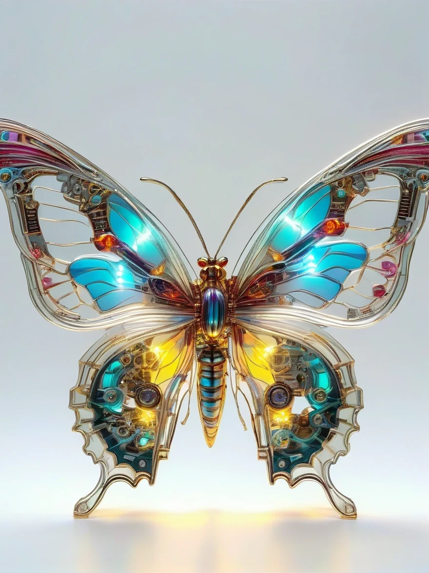 symmetry,whole body, solid light grey background, The combination of biology and machinery, Transparent mechanical butterfly, The internal structure is complex and precise, glowing neon lights,(high detail, masterpiece, best quality, ultra high definition, Sharpen details)