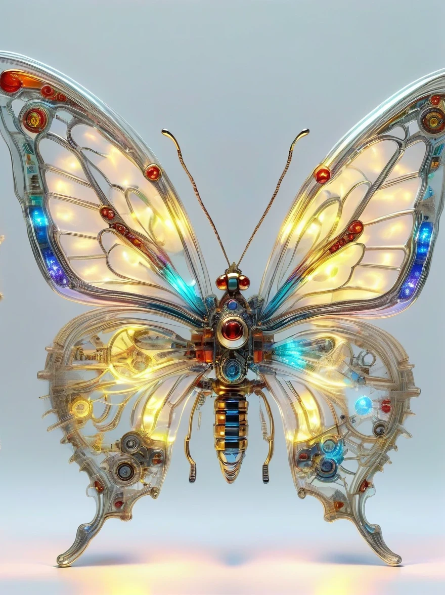 symmetry，whole body, solid light grey background, The combination of biology and machinery, Transparent mechanical butterfly, The internal structure is complex and precise, glowing neon lights,(high detail, masterpiece, best quality, ultra high definition, Sharpen details)
