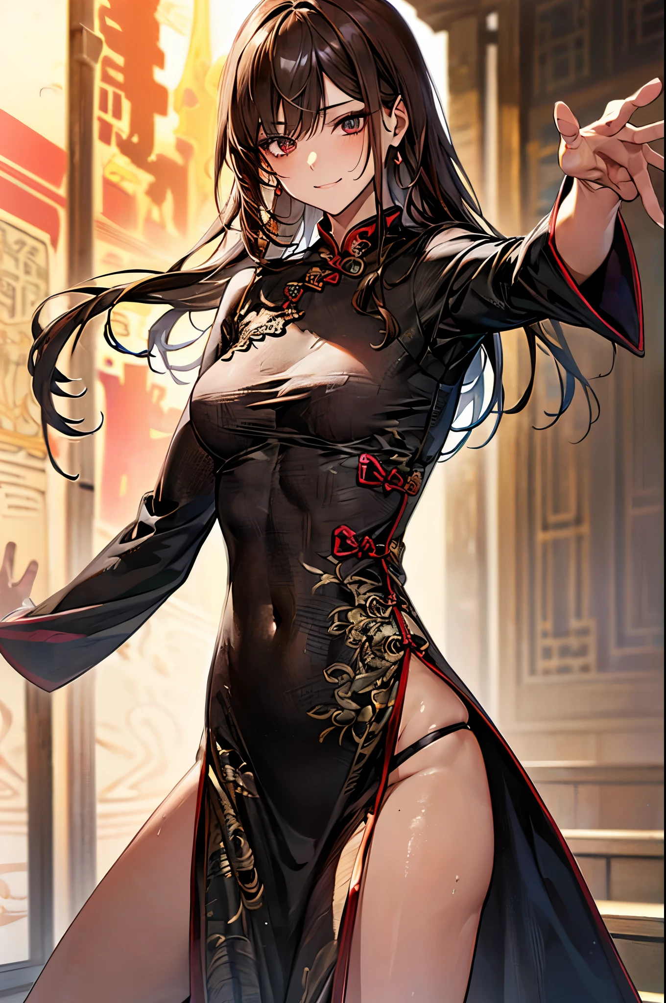 (Perfect Anatomy:1.4,top-quality、The ultra -The high-definition、hight resolution、extremely details CG、8K Unit Wallpapers),cowboy shot,portrait,1woman,solo,20 year old beauty,Japanese,((Beautiful detailed eyes)),brown eyes,smile,,brown hair,long hair,bangs,((short black cheongsam dress、no sleeve、deep slit,panties)),((high kicking:1.4、action pose:1.4,master of success))、kung fu dojo、natural sunlight、