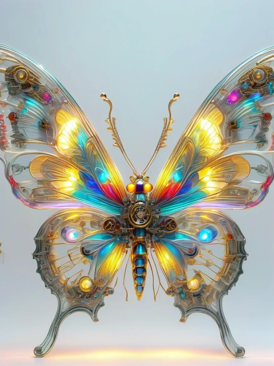 symmetry,whole body, solid light grey background, The combination of biology and machinery, Transparent mechanical butterfly, The internal structure is complex and precise, glowing neon lights,(high detail, masterpiece, best quality, ultra high definition, Sharpen details)