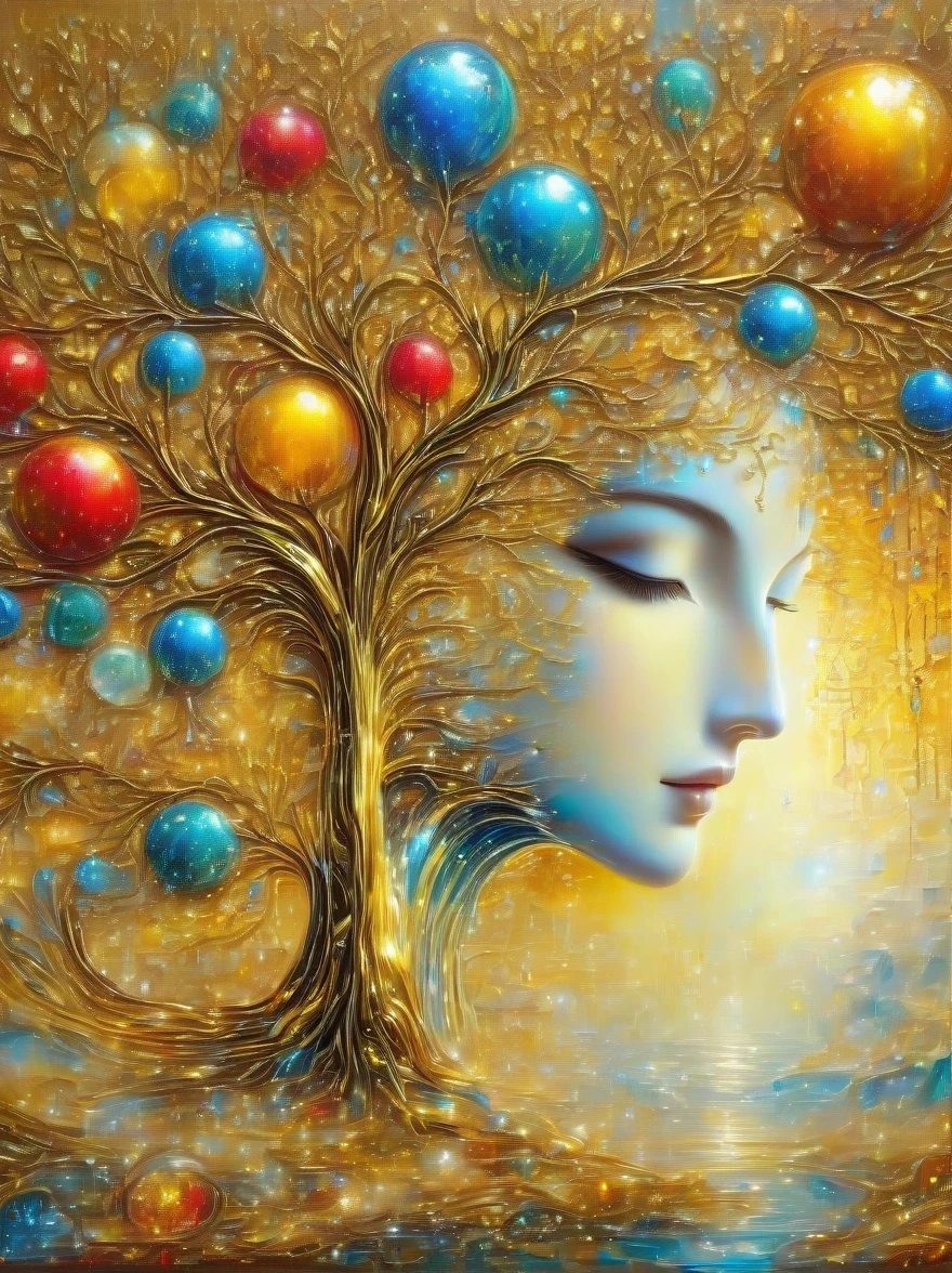 (best quality,4k,masterpiece:1.2),super detailed,lifelike:1.37,beautiful symmetrical photos,Apply with thick brush strokes and wet paint, Proportions of gold, melted wax |, visible strokes, surrounded by crystal ball, Mosaic wireframe 3d, neuroimaging, Neurons, The Tree of Life, rape, like, enthusiasm, oil painting on canvas, thick strokes, Very detailed, 8K Ultra HD, masterpiece, art station, surreal
