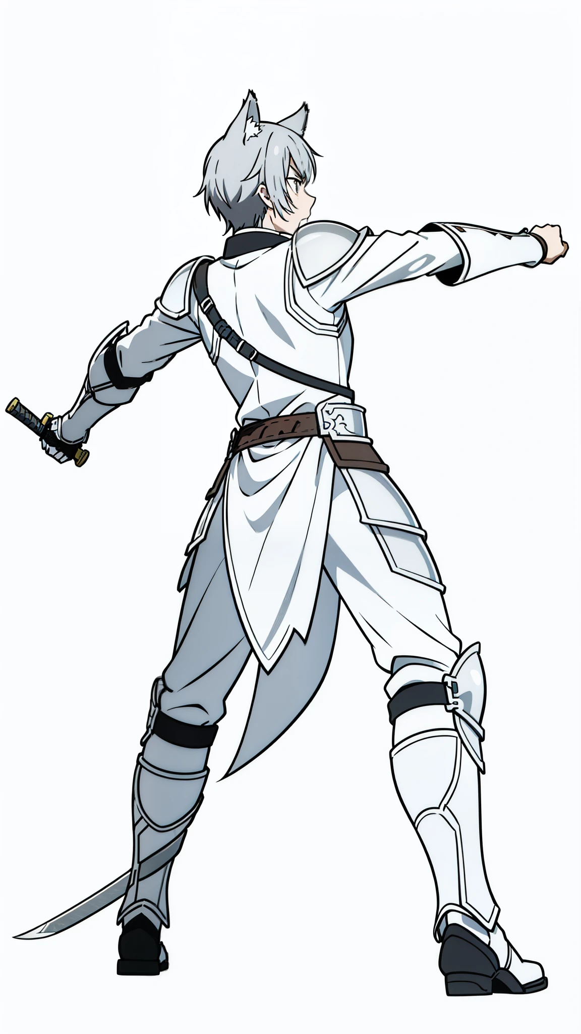 (1boy,13 years old),short hair,solo,armor,gray hair,wolf ears,(white background,line drawing),((from back)),((action pose)),holding a sword,((attacking)),angry