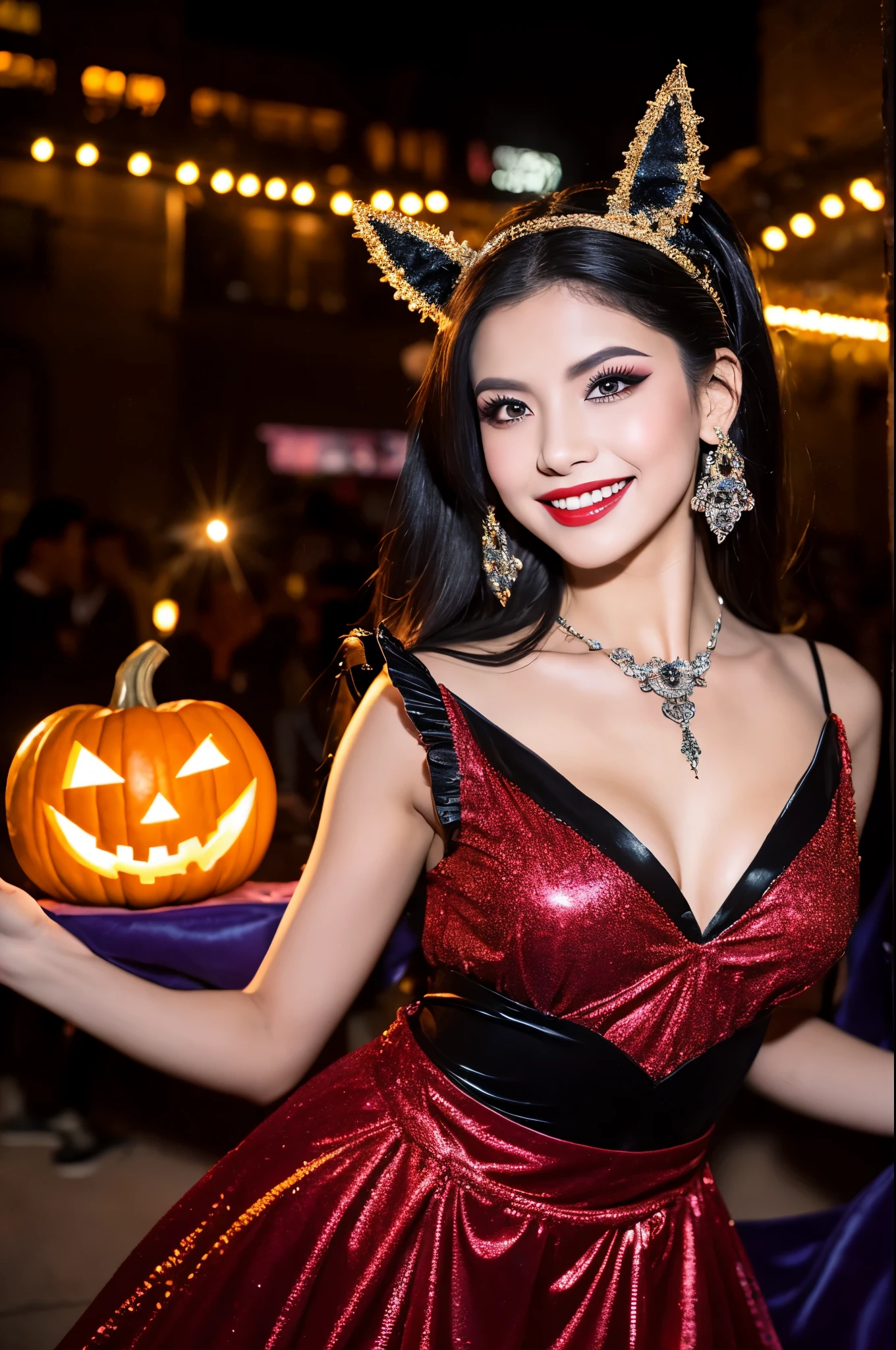 (best quality,4k,8k,highres,masterpiece:1.2),ultra-detailed,(realistic,photorealistic,photo-realistic:1.37),party atmosphere,vibrant colors,Halloween-themed,eye-catching,girl in the spotlight,beautiful detailed eyes,beautiful detailed lips,extremely detailed eyes and face,long eyelashes,dressed in a sexy and funny Halloween cosplay costume,alluring expression,bright red lipstick,playful smile,sexy vampire costume,body-hugging black dress,accentuating her curves,satin-like texture,glossy finish,sparkling sequins and glitter,mysterious and seductive vibe,small black bat wings attached to her back,with intricate details and translucent membranes,highlighting her supernatural abilities,fangs protruding from her upper canines,sharp and menacing,enhancing her vampiric allure,holding a small black bat toy,adorned with intricate patterns,emphasizing her connection to the night creatures,standing confidently with a dynamic pose,one hand on her hip,the other pointing towards the sky,as if controlling the night,celebrating at a lively Halloween party,exuberant crowd, vibrant and colorful costumes,breathtaking decorations,enchanted night sky,full moon casting an ethereal glow,illuminating the scene,casting shadows with eerie intensity,themed lighting creating a captivating atmosphere,shades of deep purple,rich burgundy,and shimmering gold,conveying the enchanting and mysterious ambiance of the occasion,immersing the viewer in the captivating world of Halloween fantasies,where magic and darkness intertwine.
