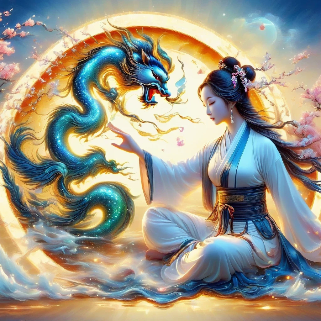 acrylic painting style，Tai Chi Yin Yang Bagua Diagram，magic circle，best quality,4k,8k,high resolution,masterpiece:1.2,super detailed,actual,acrylic style,Tai Chi, yin yang, Gossip,3d rendering，Female Taoist practicing yoga，Light and shadow photography，