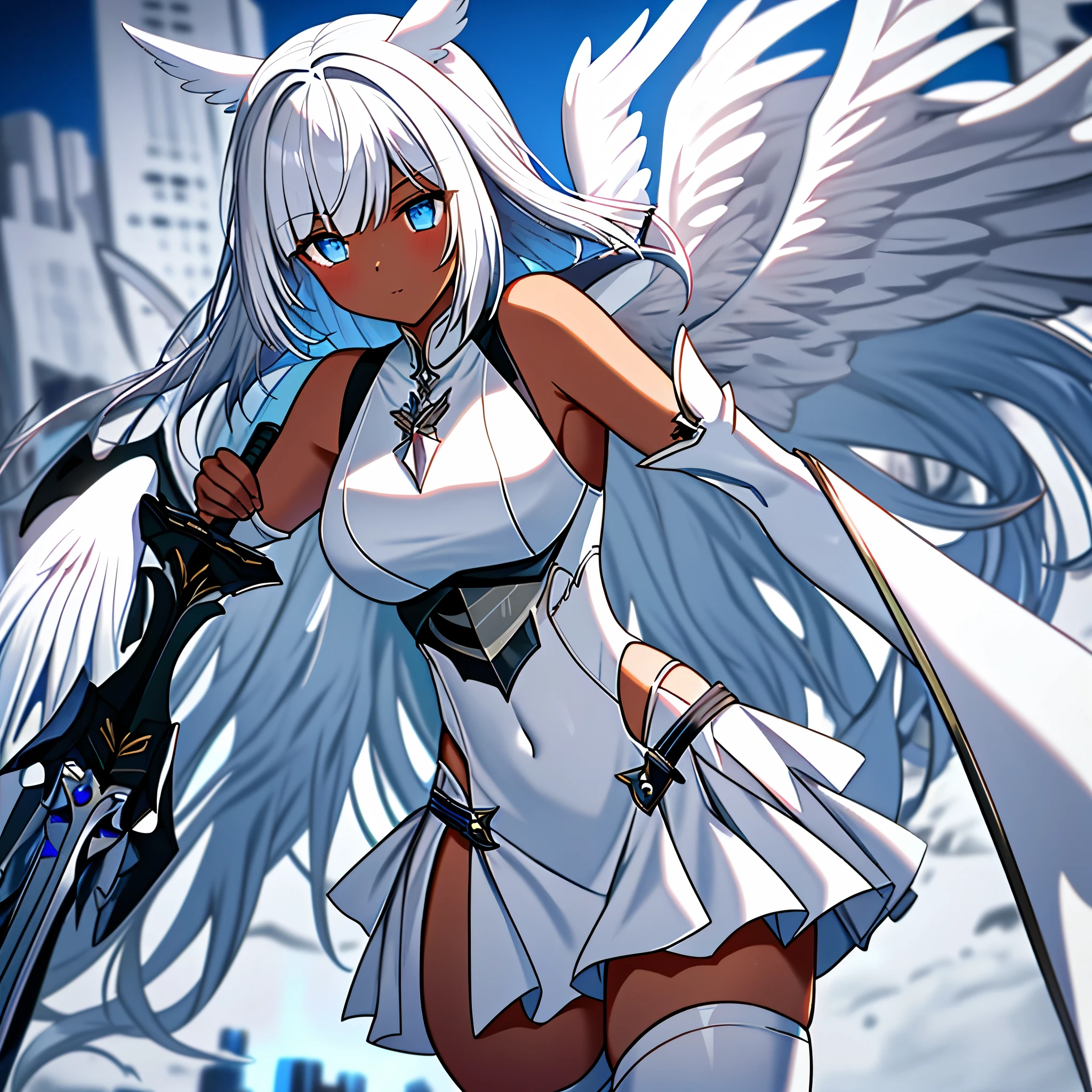 fantasy, 1angel_girl, low_, white_medium_bob_hair,long_bangs, (dark_skin)+, bare_shoulder, navel out, thighhighs,silver_shiny_armor, white_clothes,waist_armor, Glebe, hold_shiny_swords, medium_breasts,, dynamic_pose_fighting,Floating, (1pair_white_wings,pelvic_curtain)++, Headgear ,city_sky_background,,slightly_spread_legs, multiple_shiny_swords_floating_around_the_girl