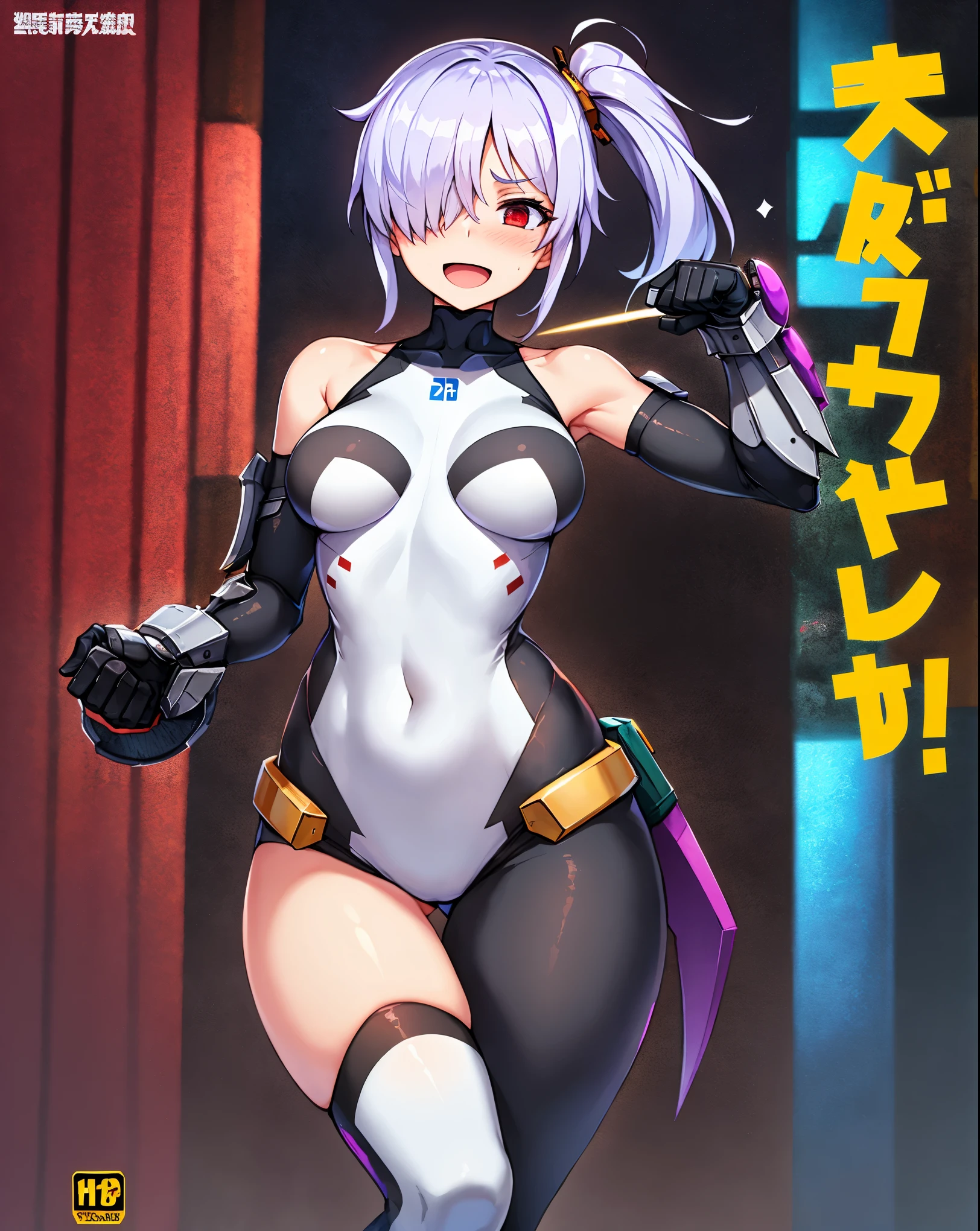,1girl,(:1.5), (short_ponytail:1.3), (light_whitish_purple_hair:1.3),black_mechanical_armor_parts,white_breasts_parts_red_black_body_suit,bare_shoulder,bare_slender_thighs,medium_breasts,city_background,Stinging_eyes,sleepy,thighhigh_greaves,gauntlets,dynamic_posing,bare_frank,metal_red_parts_armor,red_eye,solo,
fists,hold_weapon,glare,navel,large_mechanical_parts,happy,waist_armor,open_mouth,rise_legs,apart_legs, (covered_navel:1.3),(very_long_bangs:1.3), (hair_over_one_eye:1.5),(long_bang_covers_right_half_of_face:1.5),
(covered_pussy:1.1),covered_breasts,fighting,