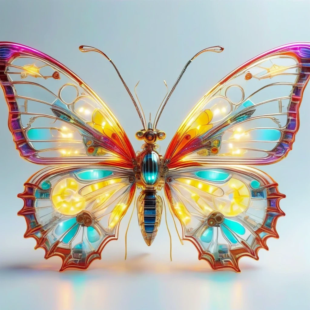 symmetry，whole body, solid light grey background, The combination of biology and machinery, Transparent mechanical butterfly, The internal structure is complex and precise, glowing neon lights,(high detail, masterpiece, best quality, ultra high definition, Sharpen details)