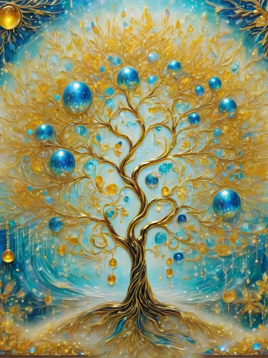 （best quality，4k，masterpiece：1.2），super detailed，lifelike:1.37，beautiful symmetrical photos，Apply with thick brush strokes and wet paint, Proportions of gold, melted wax |, visible strokes, surrounded by crystal ball, Mosaic wireframe 3d, neuroimaging, Neurons, The Tree of Life, rape, like, enthusiasm, oil painting on canvas, thick strokes, Very detailed, 8K Ultra HD, masterpiece, art station, surreal