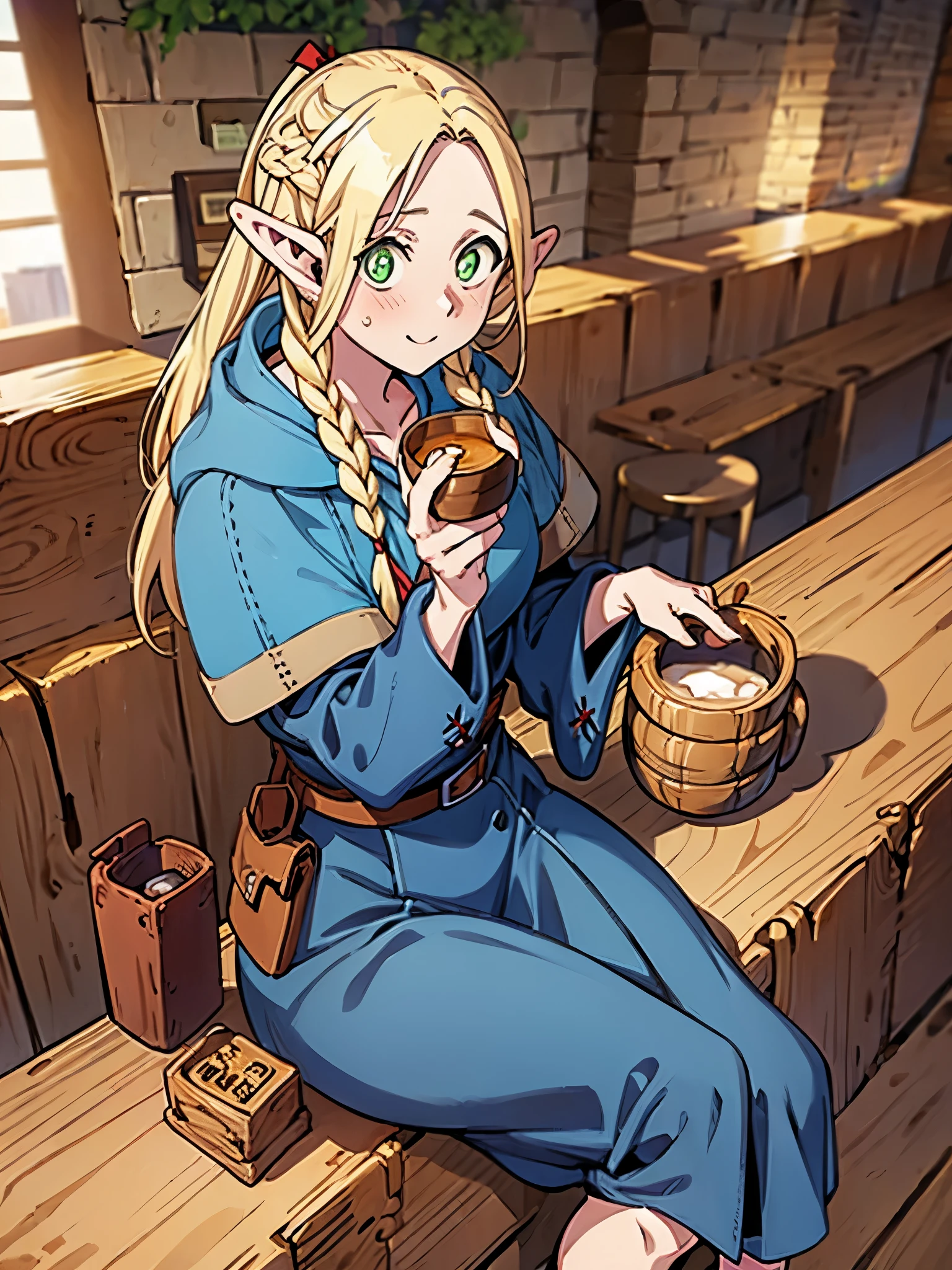 (((adult:1.3)))、(((Marcille Donato))),(((perfect human body:1.3)))、(((one woman:1.3))),Yellow longhair、red ribbon、Long hair with ponytail at Mitsuami,BREAK,(((robe、sandals))),BREAK,(((Holding a wooden mug of alcohol at a bar:1.3、food on the table:1.3)))、smile、Forehead