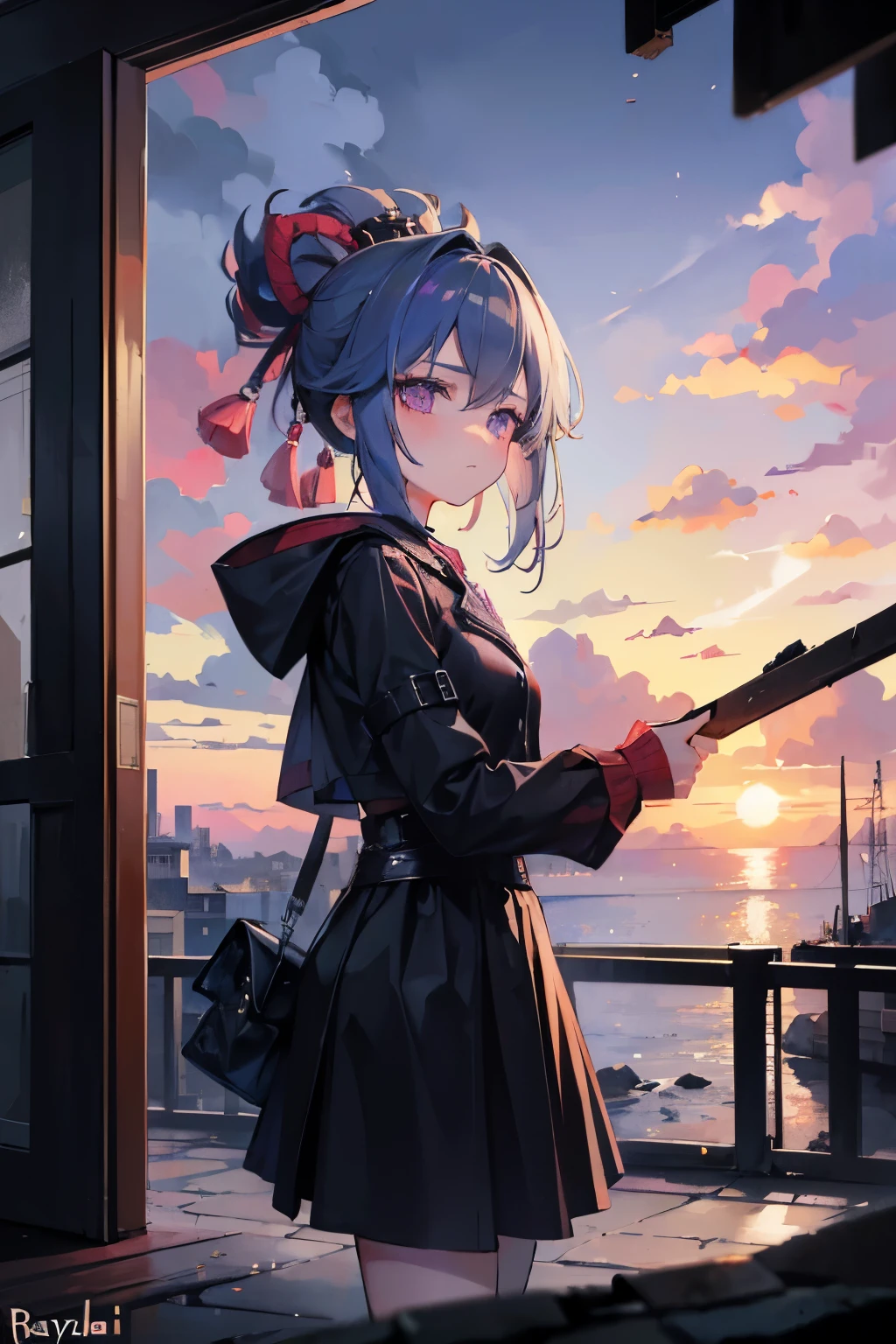 1 girl, sad, depressed, cataclysm, destroyed city, sadness, war, 8k, ray tracing, masterpiece, better quality, perfect face, perfection, sunset, twitight, topless, naveel