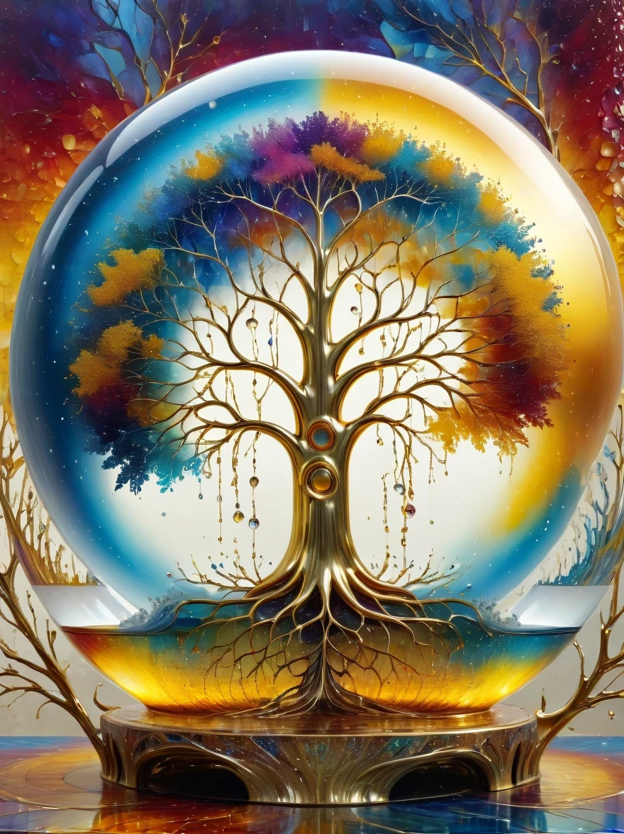 beautiful symmetrical photos,Apply with thick brush strokes and wet paint, Proportions of gold, melted wax |, visible strokes, surrounded by crystal ball, Mosaic wireframe 3d, neuroimaging, Neurons, The Tree of Life, rape, like, enthusiasm, oil painting on canvas, thick strokes, Very detailed, 8K Ultra HD, masterpiece, art station, surreal