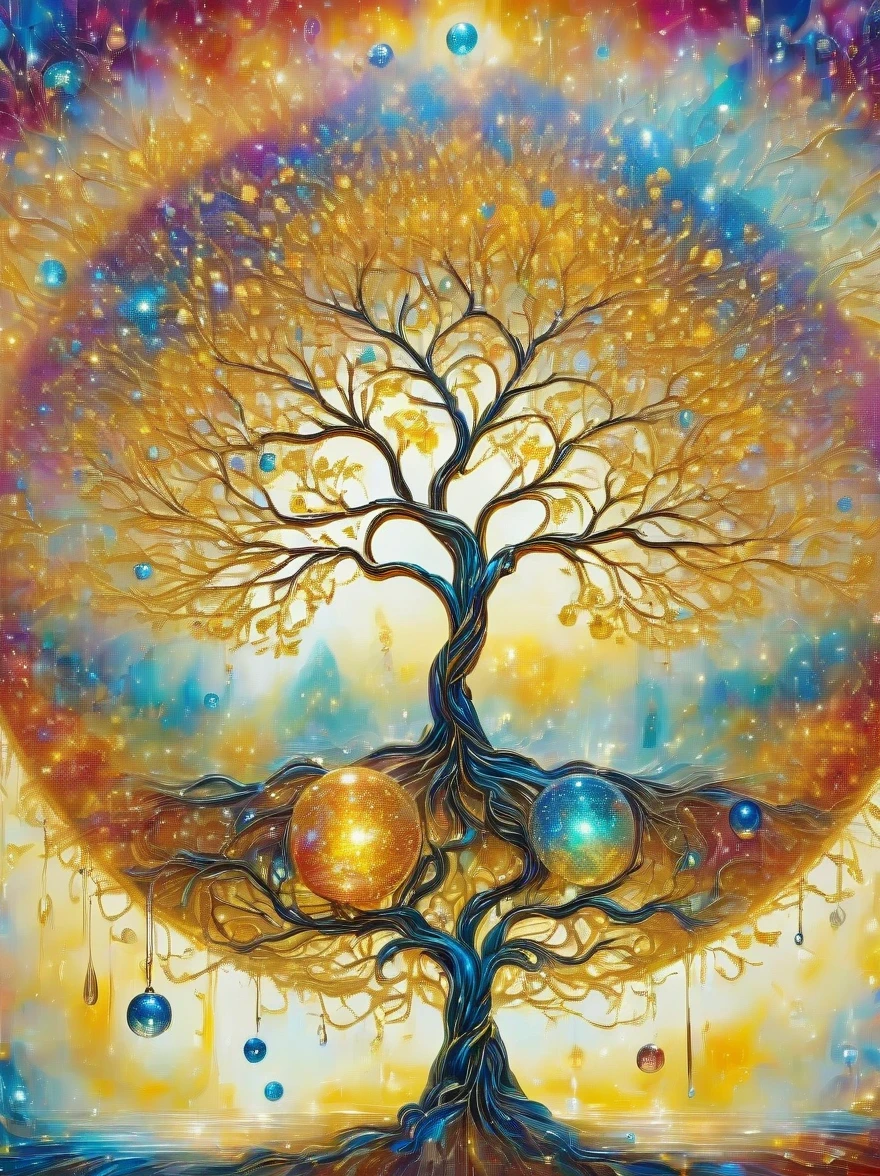 （best quality，4k，masterpiece：1.2），super detailed，lifelike:1.37，beautiful symmetrical photos，Apply with thick brush strokes and wet paint, Proportions of gold, melted wax |, visible strokes, surrounded by crystal ball, Mosaic wireframe 3d, neuroimaging, Neurons, The Tree of Life, rape, like, enthusiasm, oil painting on canvas, thick strokes, Very detailed, 8K Ultra HD, masterpiece, art station, surreal